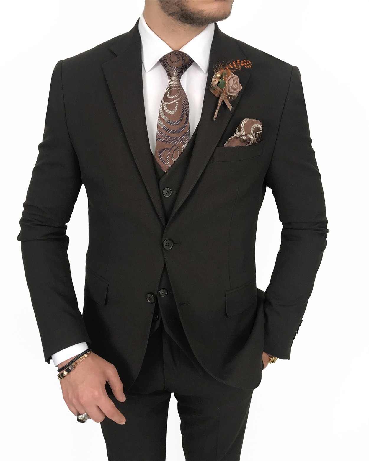 İtalyan stil slim fit erkek ceket yelek pantolon takım elbise Kahverengi T8073