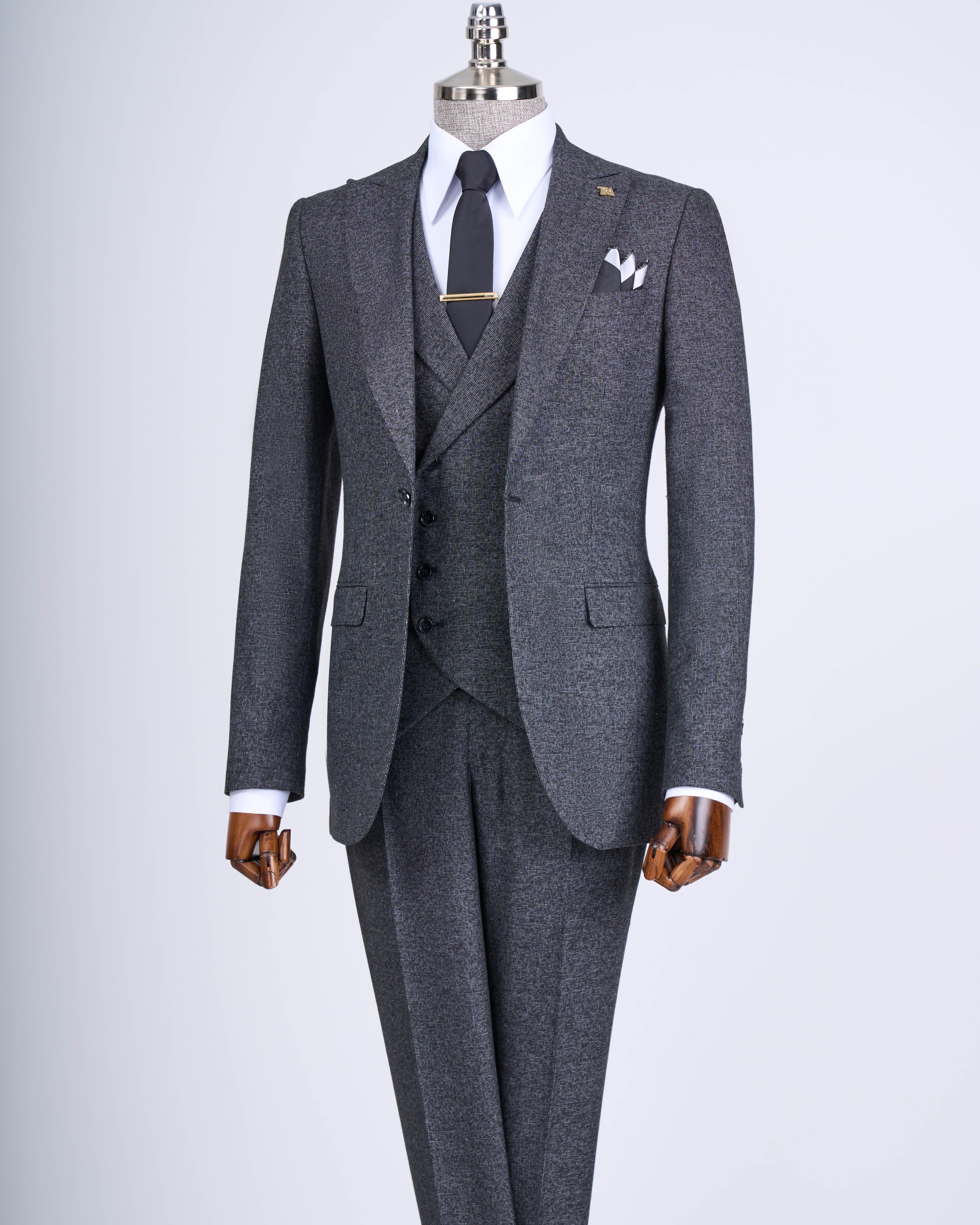 Italian style slim fit men's jacket vest pants suit black T9122