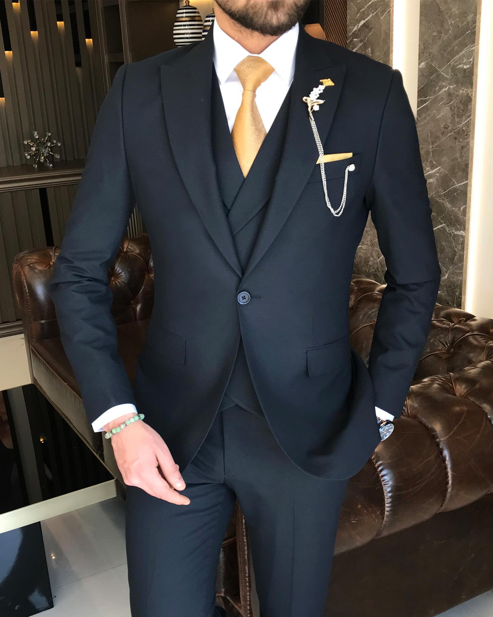 Italian style slim fit men's jacket vest pant suit navy blue T9134