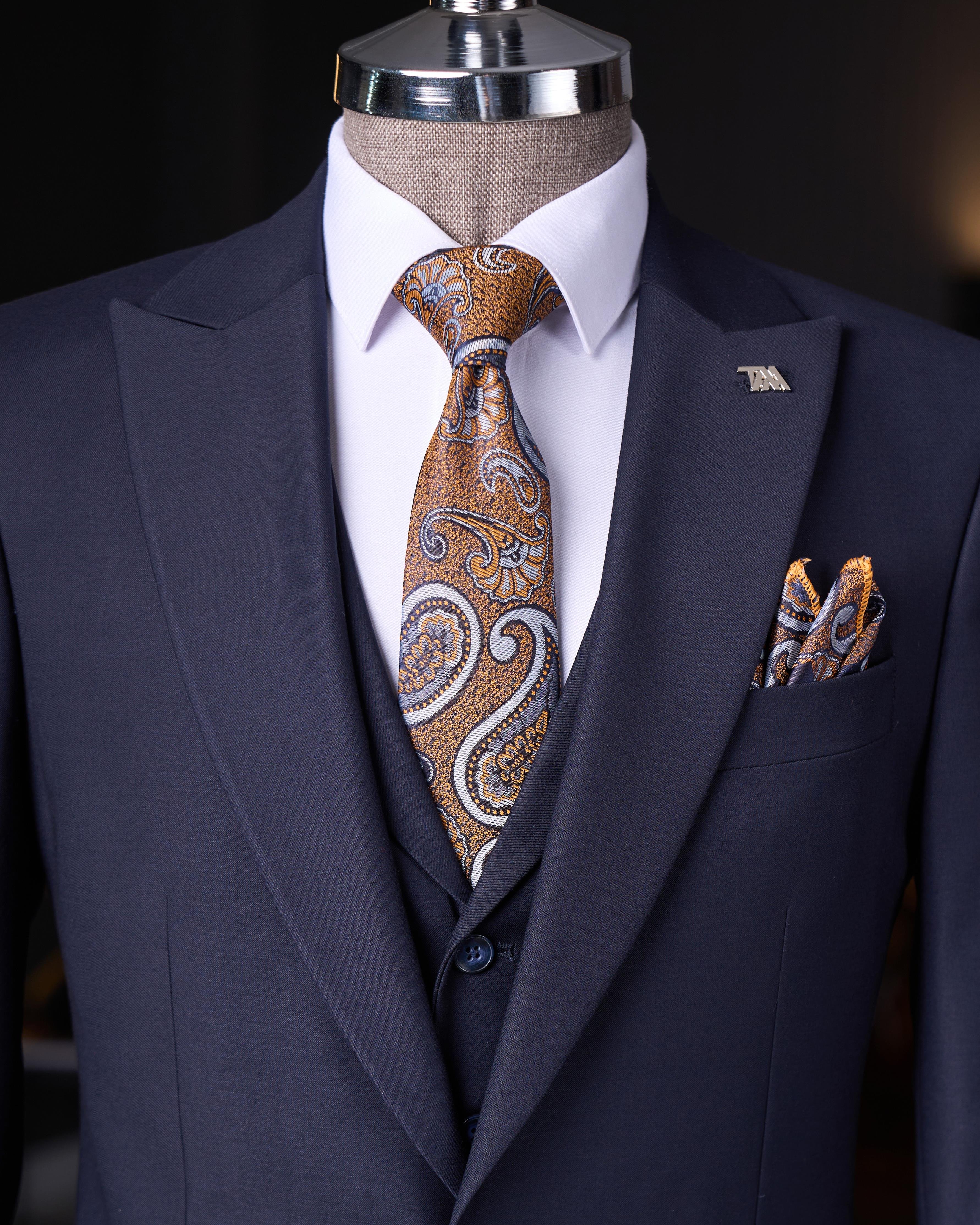 Italian style slim fit men's jacket vest pants suit navy blue T9023