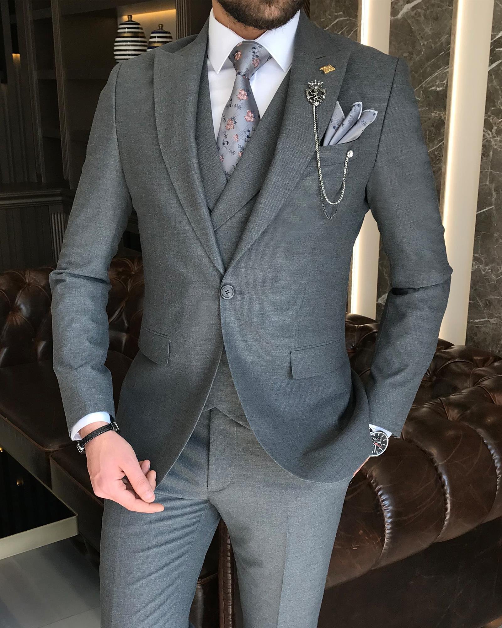 Italian style slim fit men's jacket vest pant suit anthracite T9116