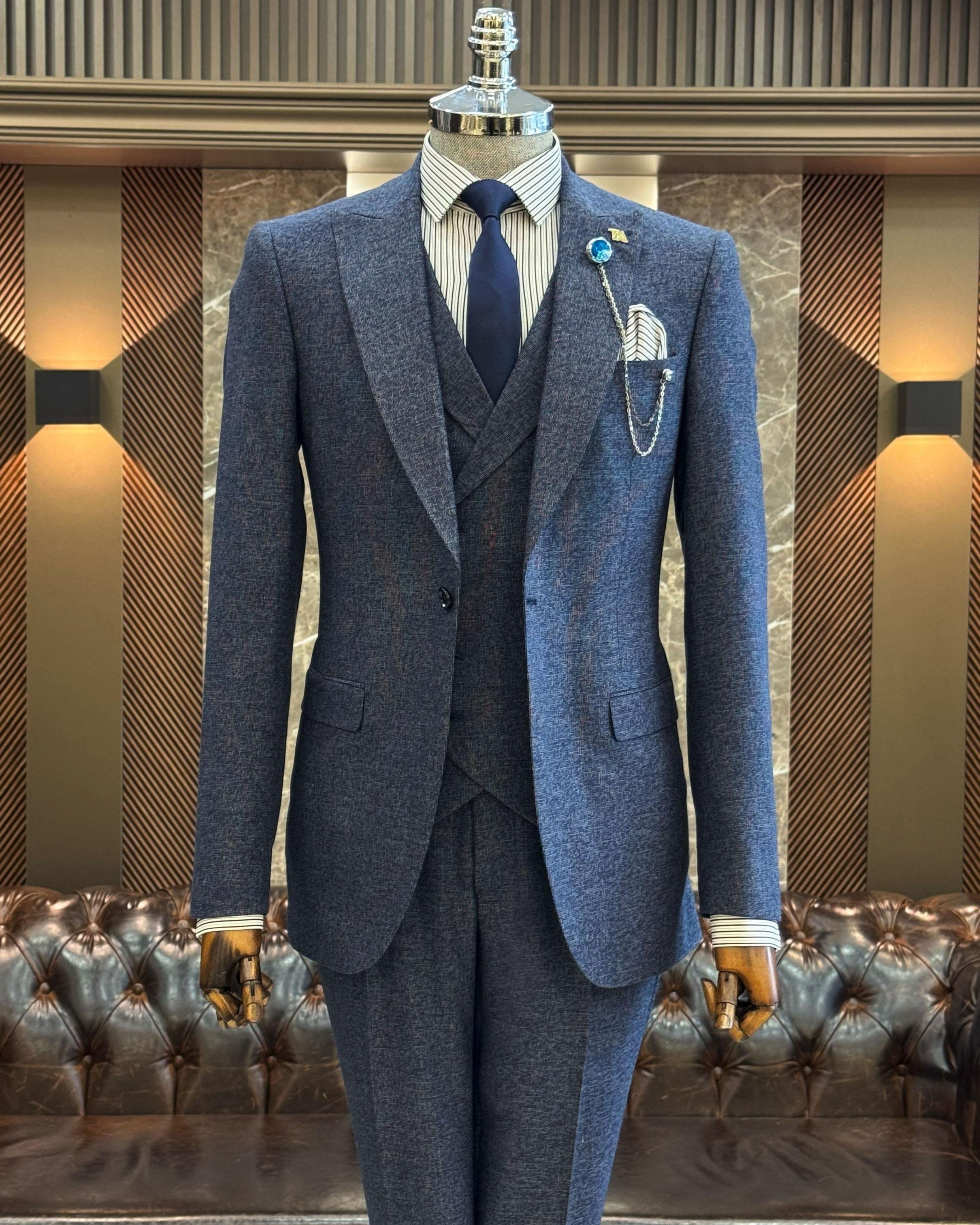 İtalyan stil slim fit erkek ceket yelek pantolon takım elbise lacivert T11019