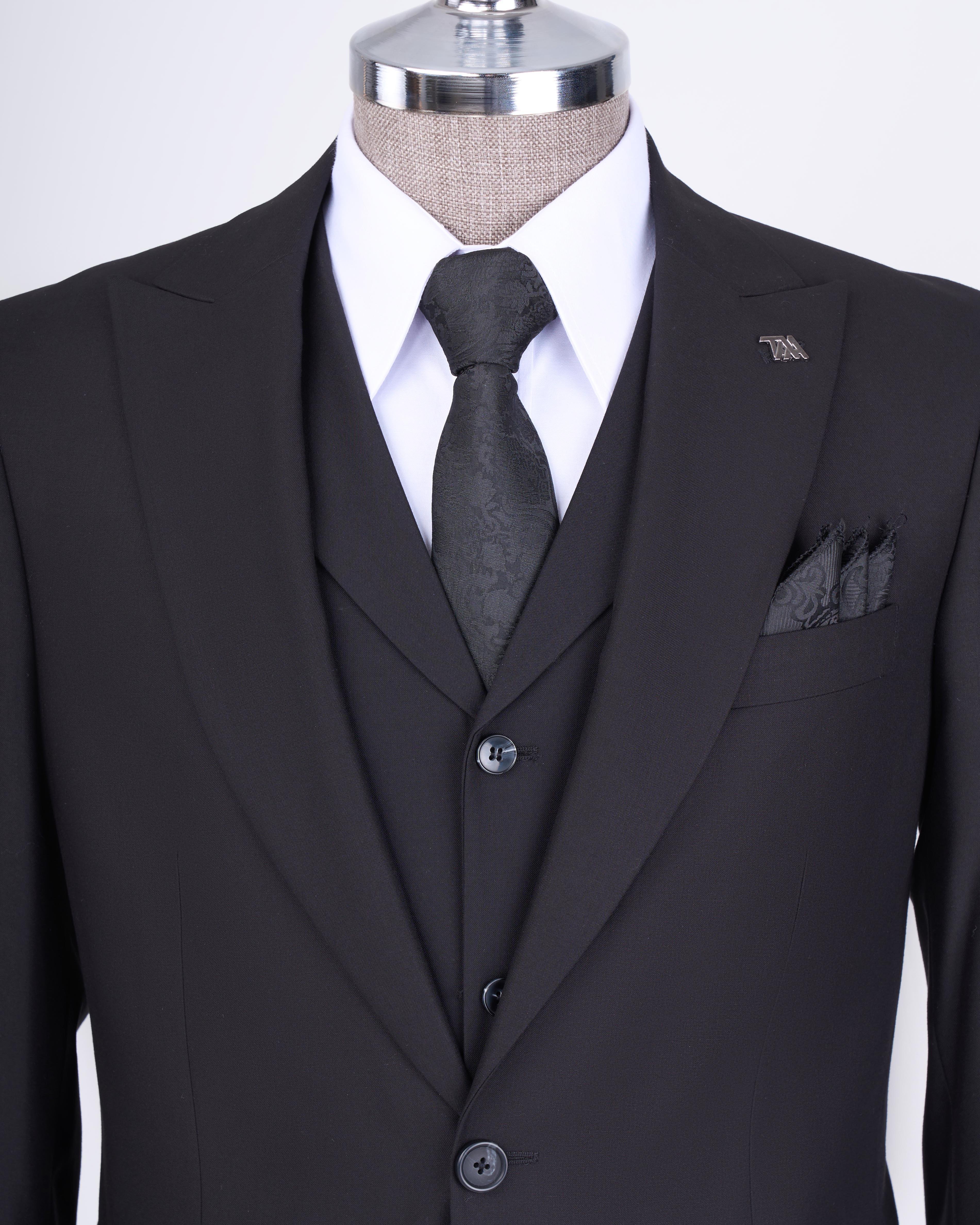 Italian style slim fit men's jacket vest pants suit black T9024