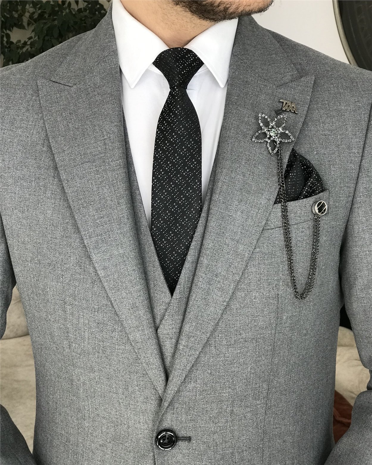 İtalyan stil slim fit erkek ceket yelek pantolon takım elbise Gri T8405