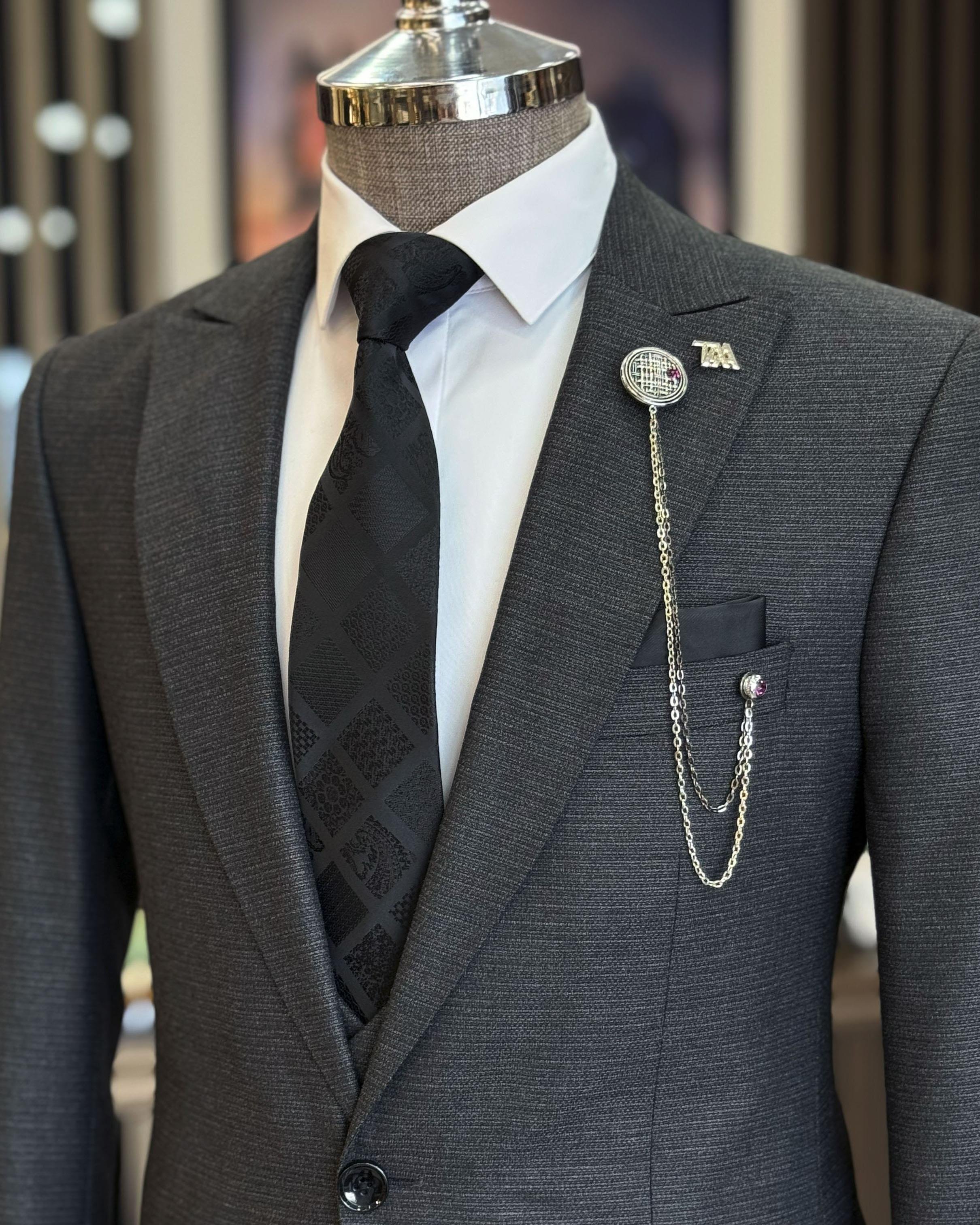 İtalyan stil slim fit erkek ceket yelek pantolon takım elbise siyah T11028