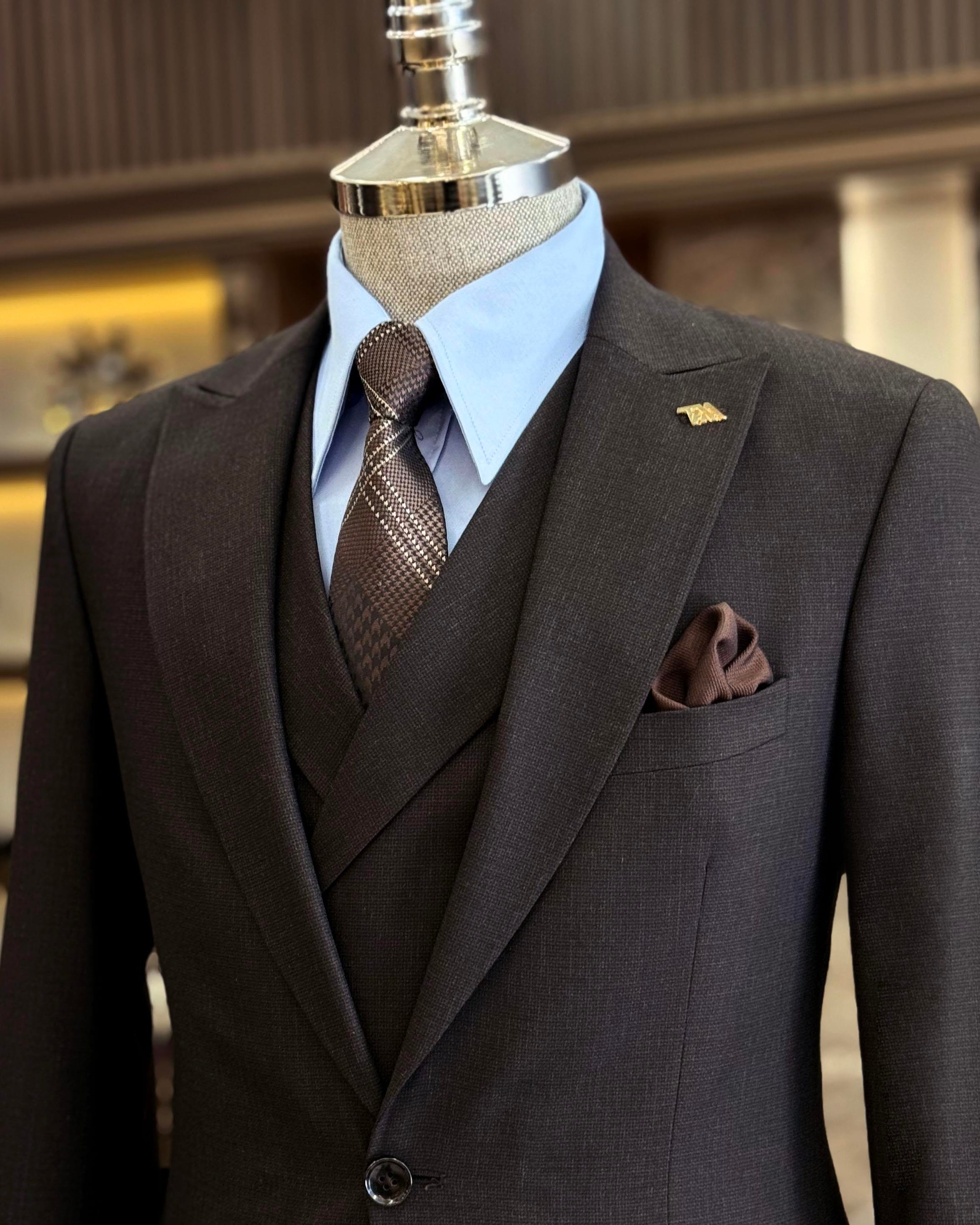 İtalyan stil slim fit erkek ceket yelek pantolon takım elbise kahverengi T10784
