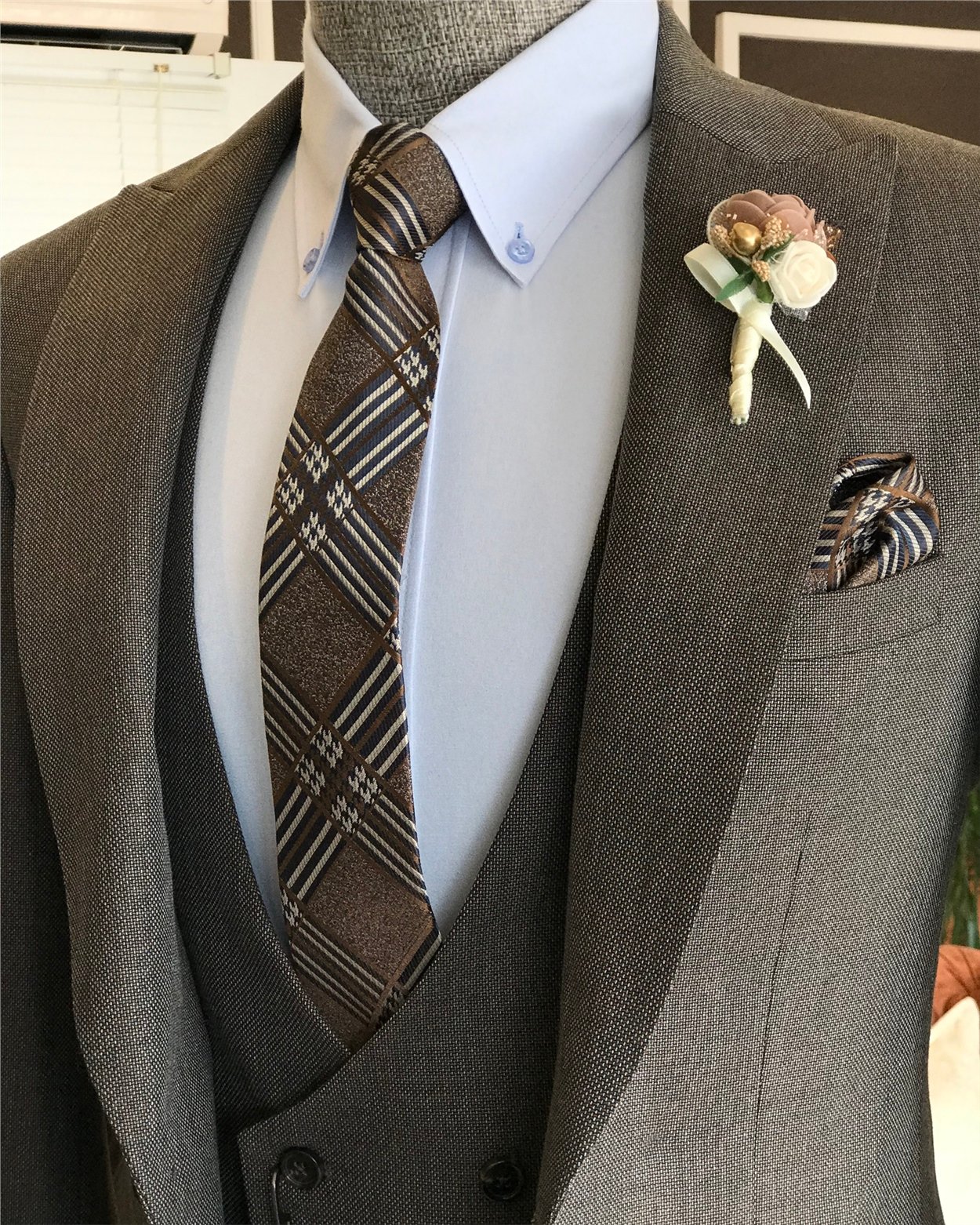 İtalyan stil slim fit erkek ceket yelek pantolon takım elbise Kahverengi T6160