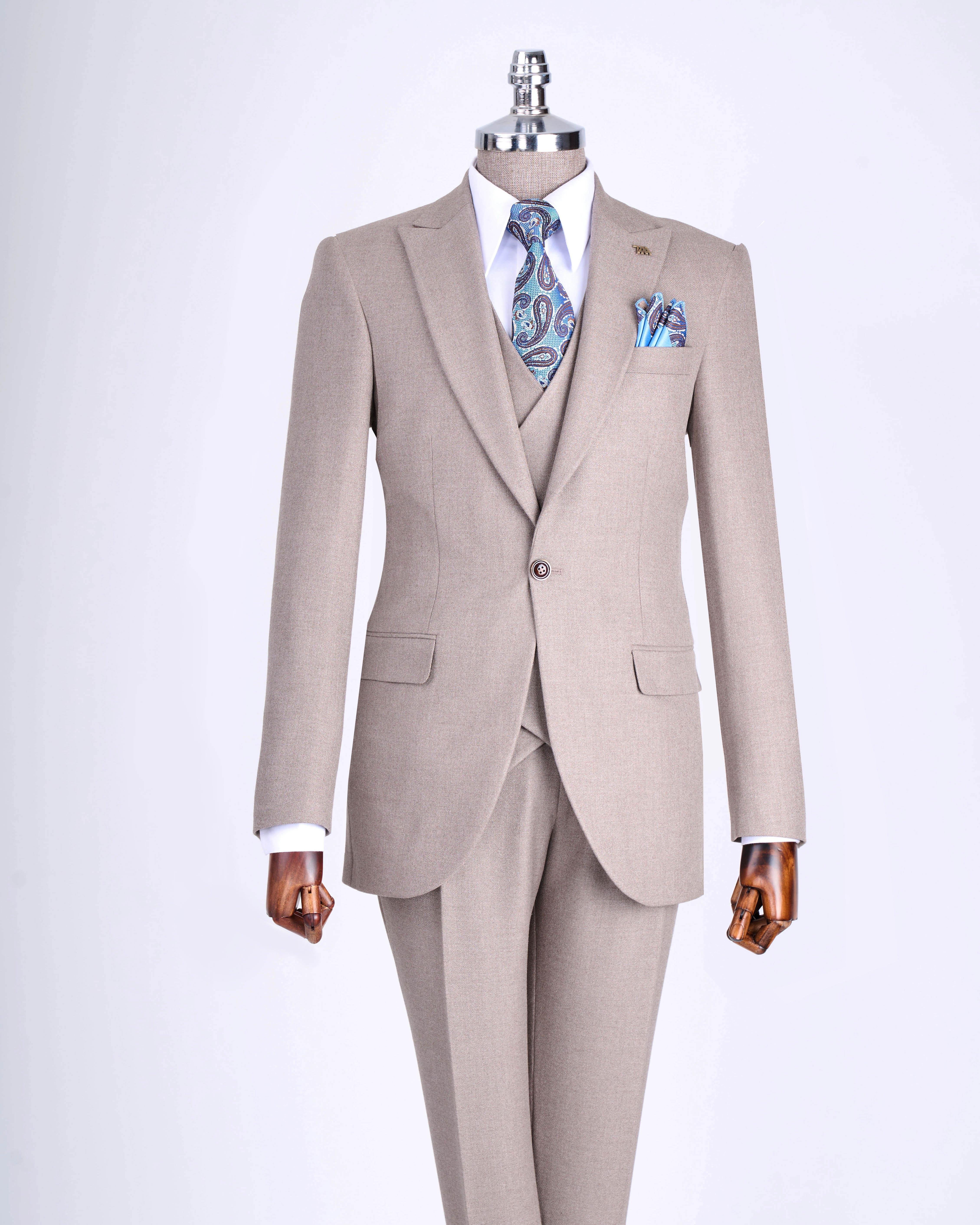 İtalyan stil slim fit erkek ceket yelek pantolon takım elbise vizon T13461