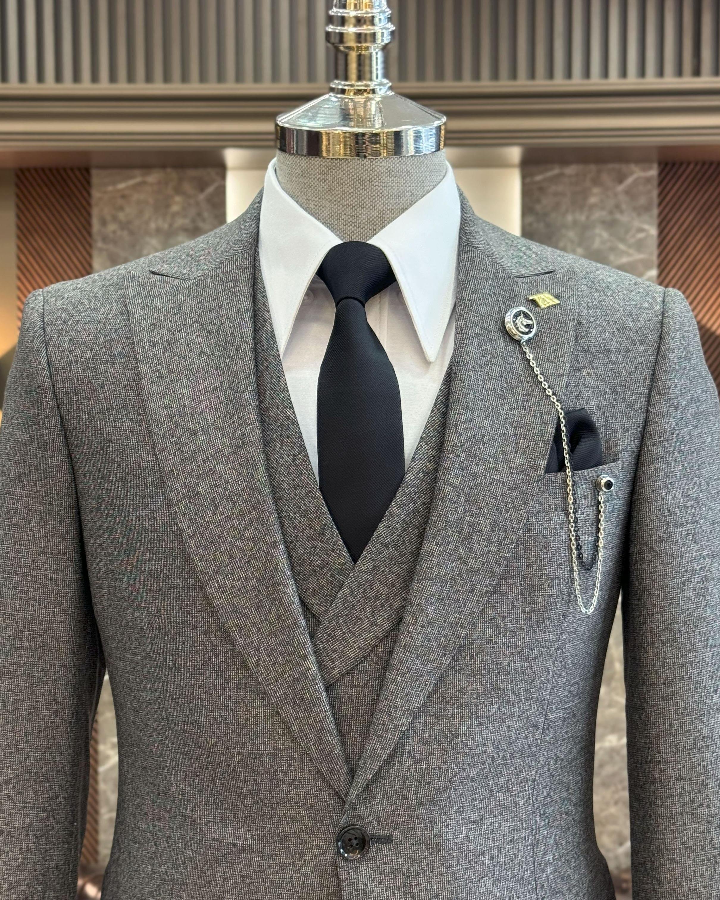 İtalyan stil slim fit erkek ceket yelek pantolon takım elbise kahverengi T11018