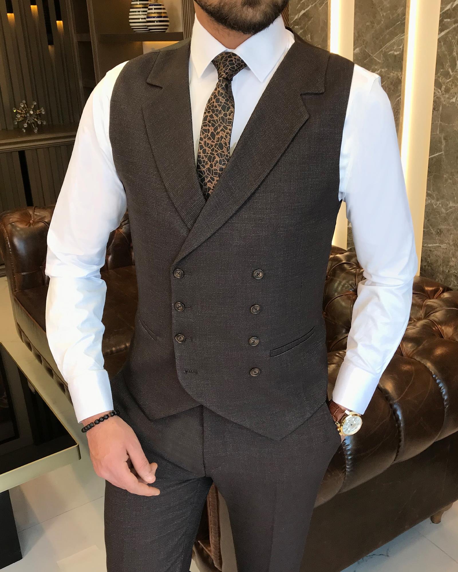 Italian style slim fit men's jacket vest pant suit brown T9133