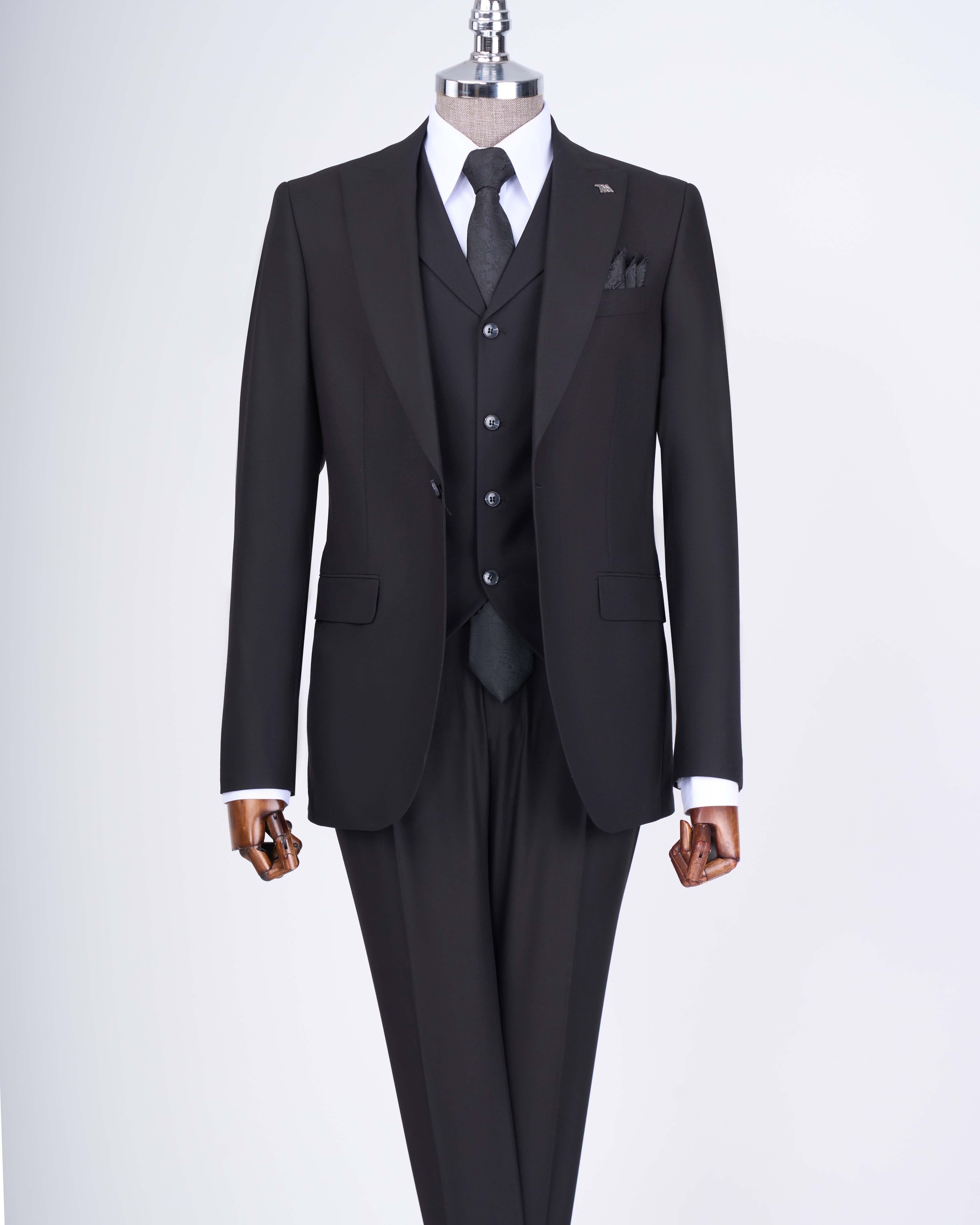 Italian style slim fit men's jacket vest pants suit black T9024