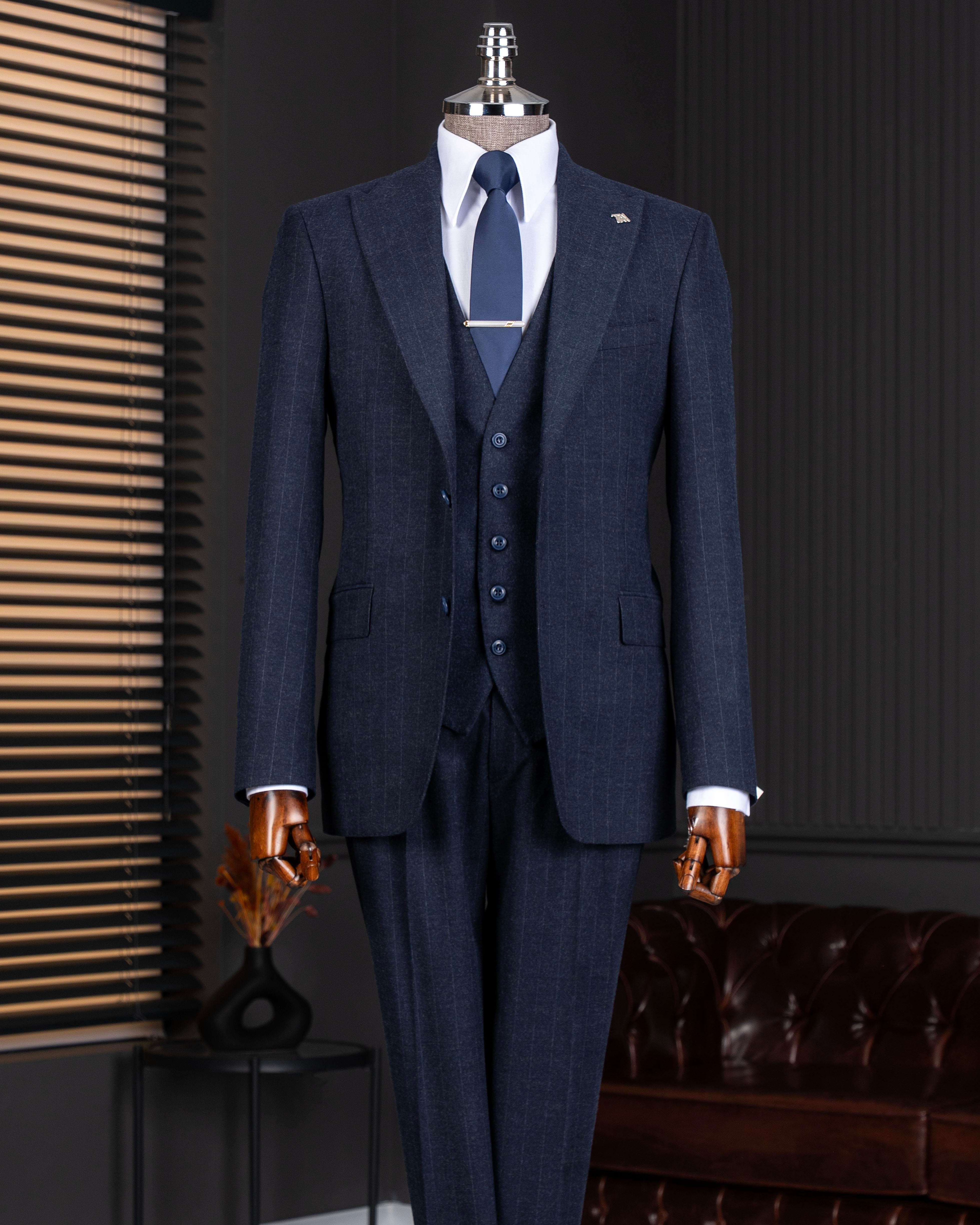 İtalyan stil slim fit erkek ceket yelek pantolon takım elbise lacivert T14652