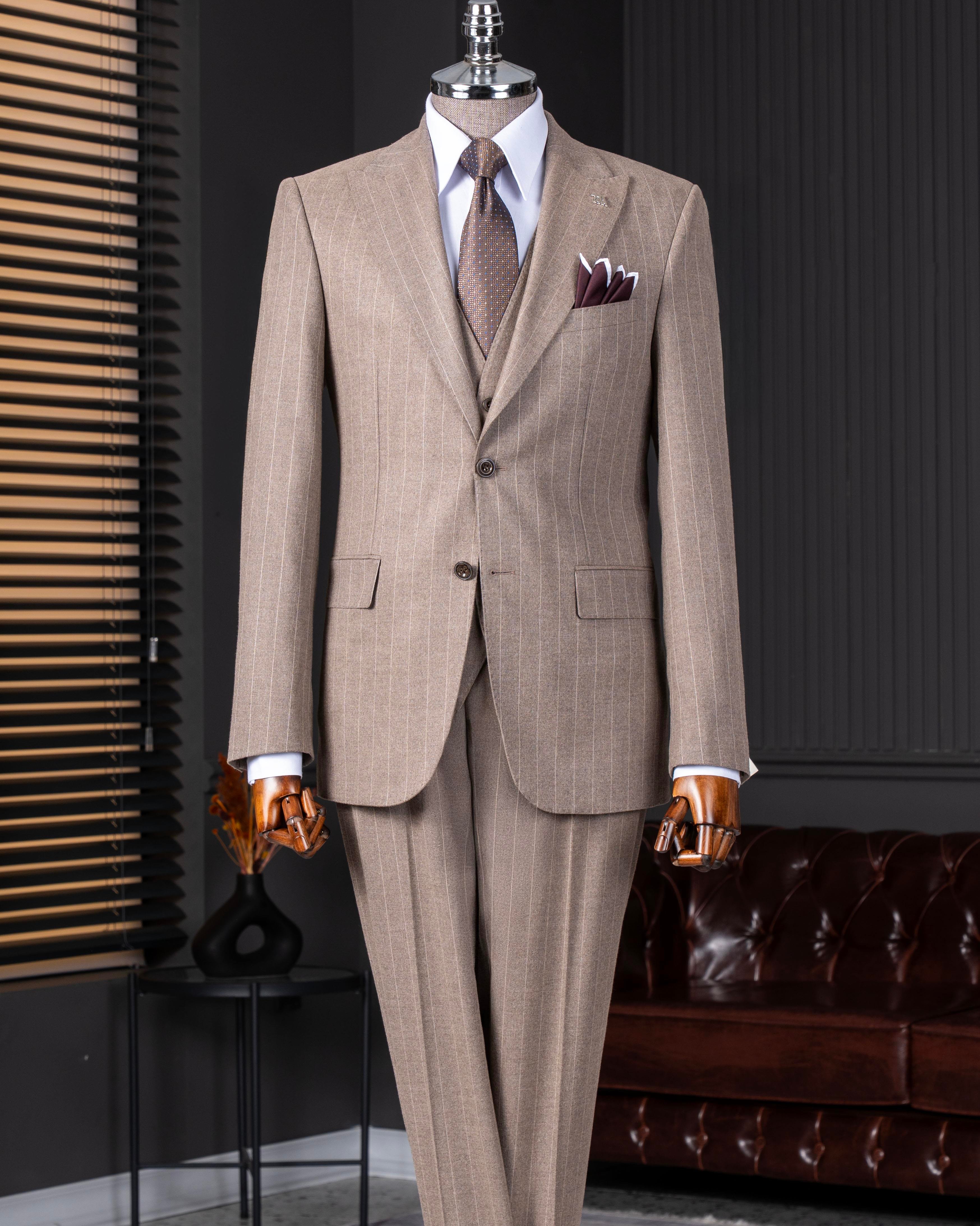 İtalyan stil slim fit erkek ceket yelek pantolon takım elbise vizon T14648