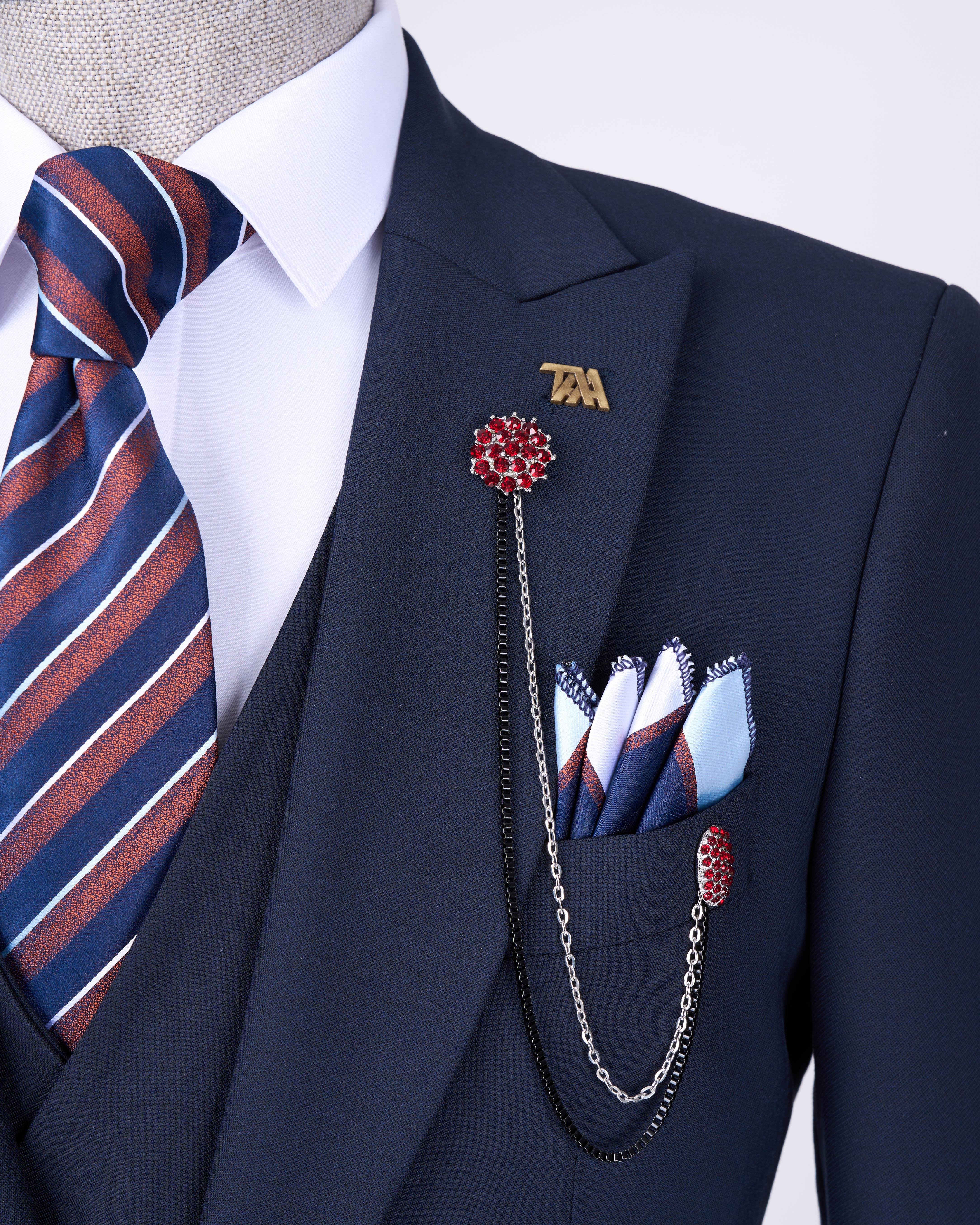 Italian style slim fit men's jacket vest pants suit navy blue T12994