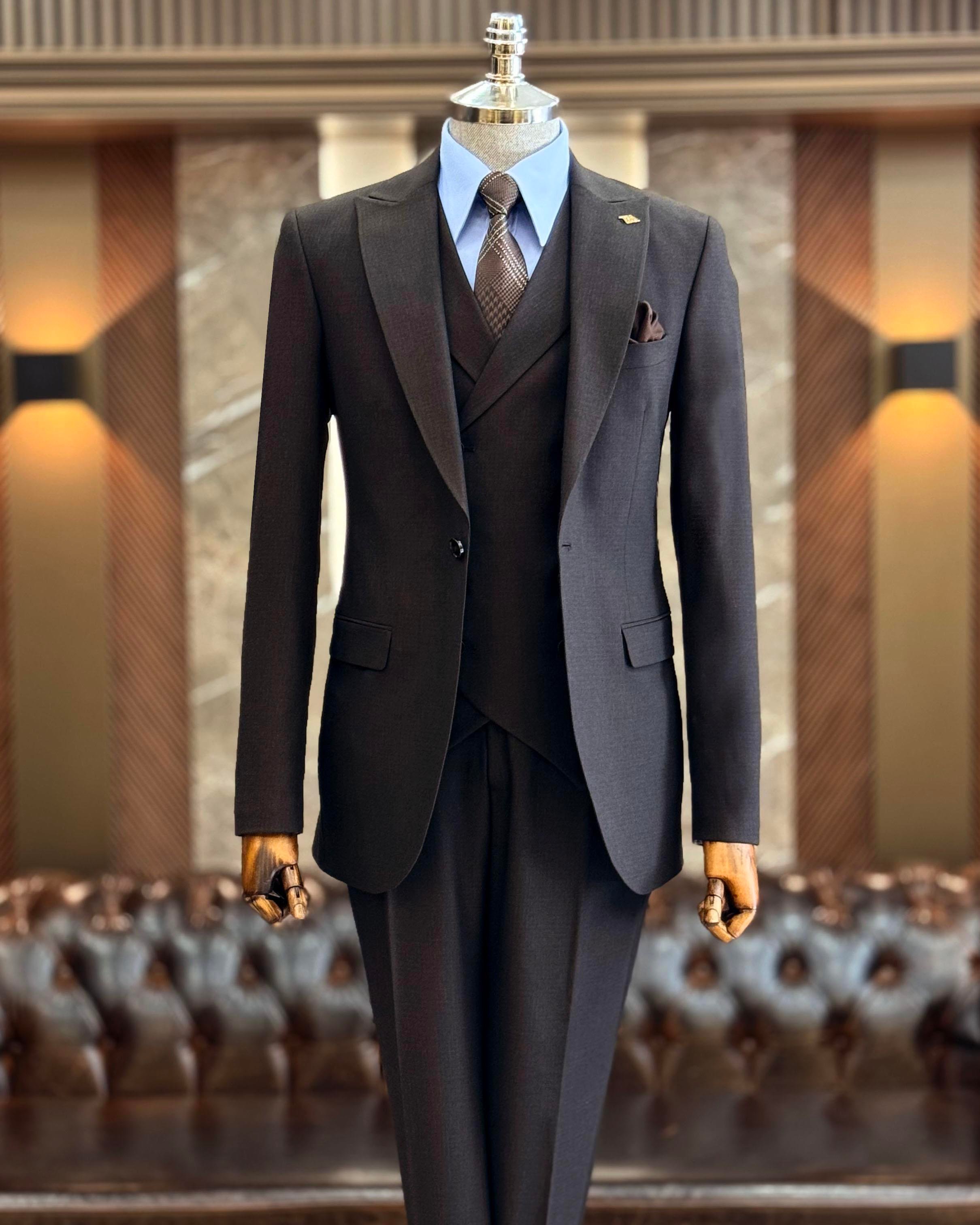 İtalyan stil slim fit erkek ceket yelek pantolon takım elbise kahverengi T10784