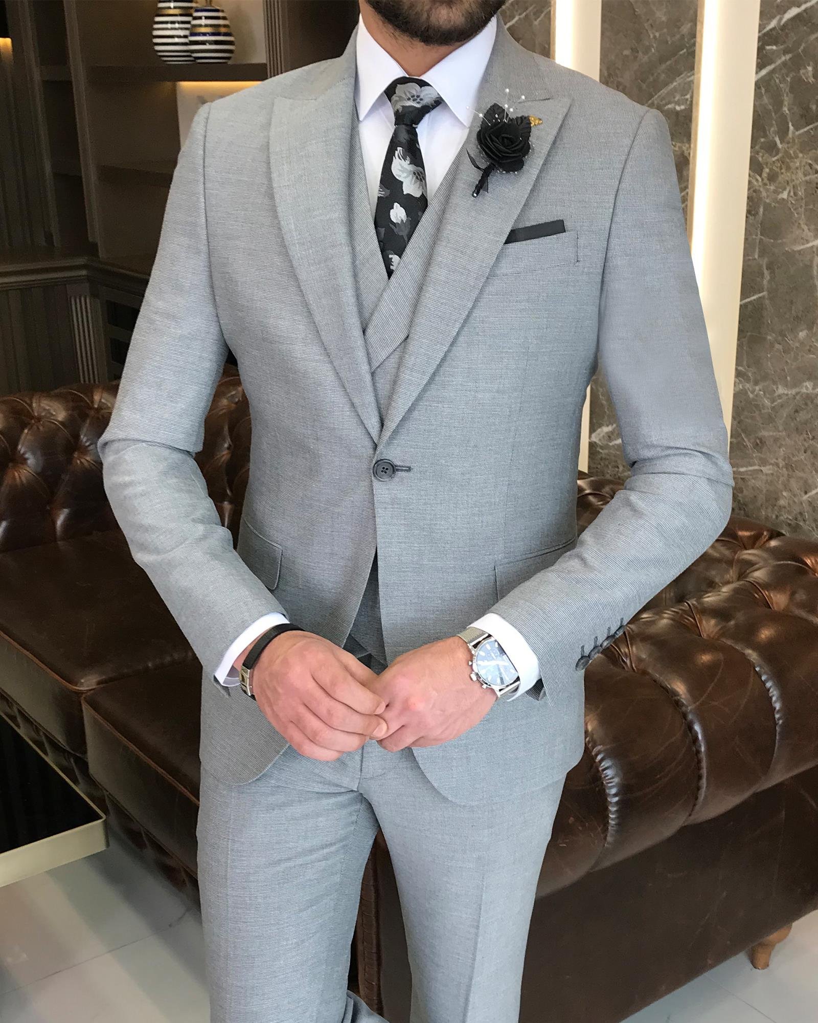 Italian style slim fit men's jacket vest pant suit gray T9115