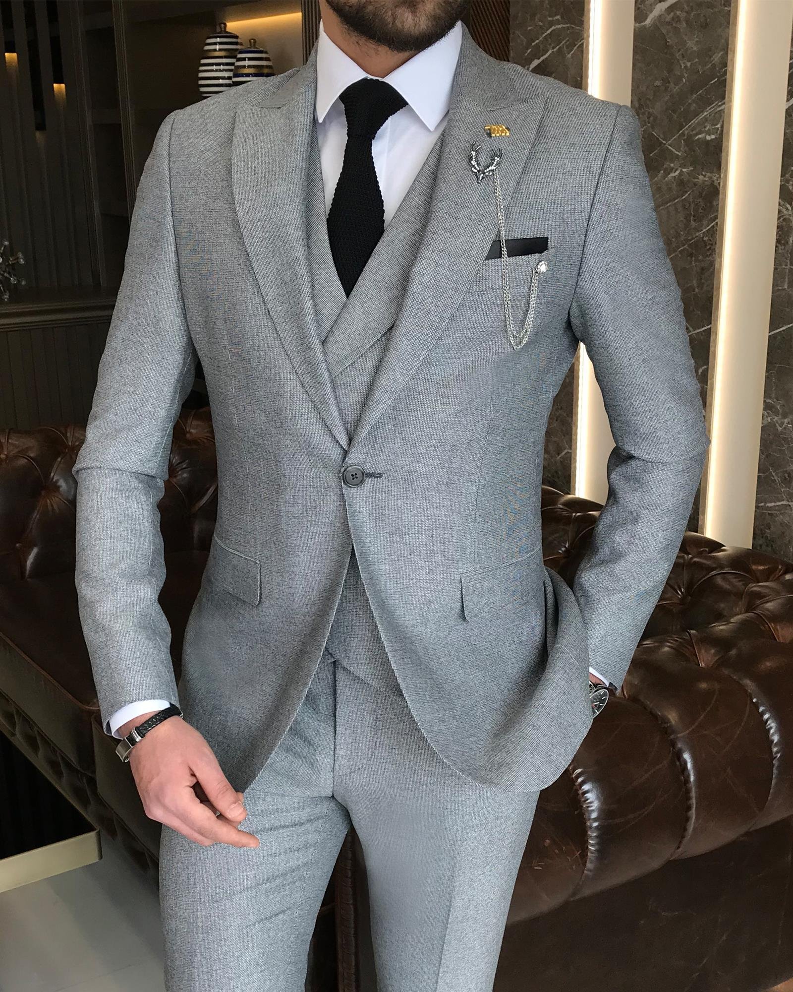 Italian style slim fit men's jacket vest pant suit black T9127