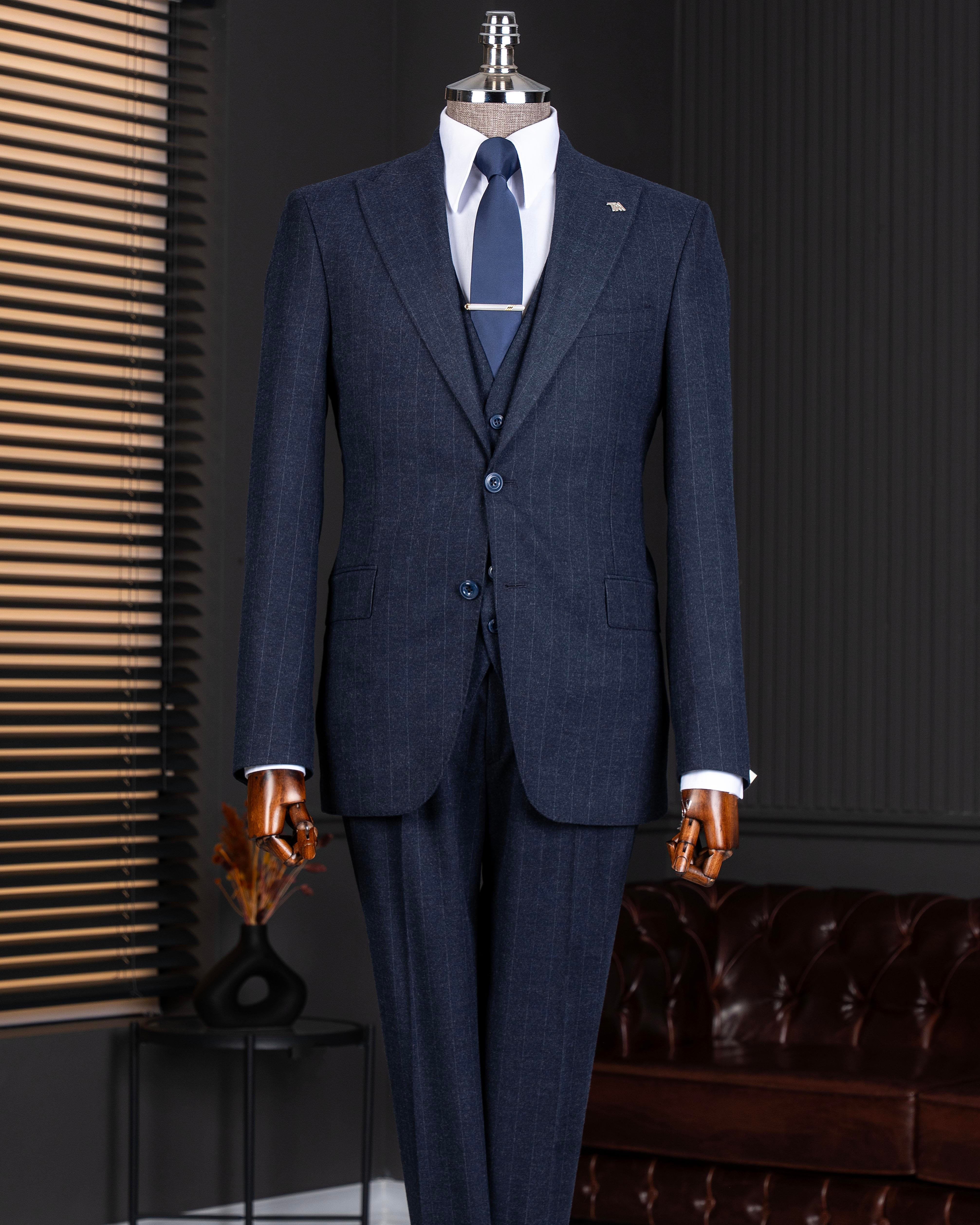 İtalyan stil slim fit erkek ceket yelek pantolon takım elbise lacivert T14652
