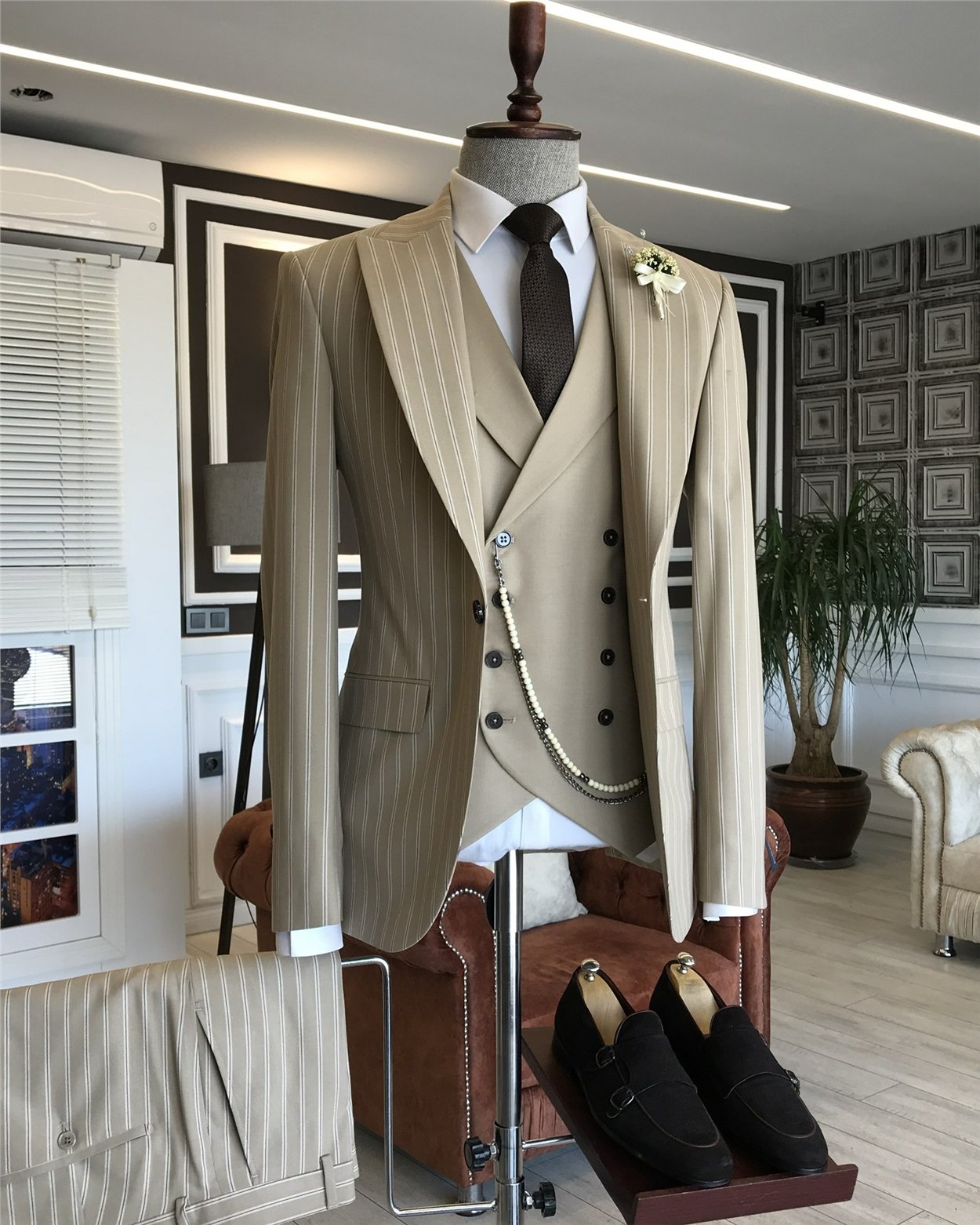 İtalyan stil slim fit erkek ceket yelek pantolon takım elbise bej T5941
