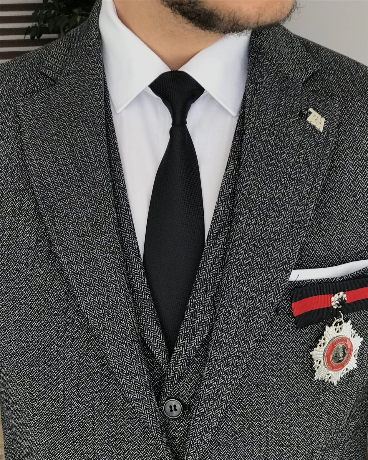 İtalyan stil slim fit erkek ceket yelek pantolon takım elbise Antrasit T8217