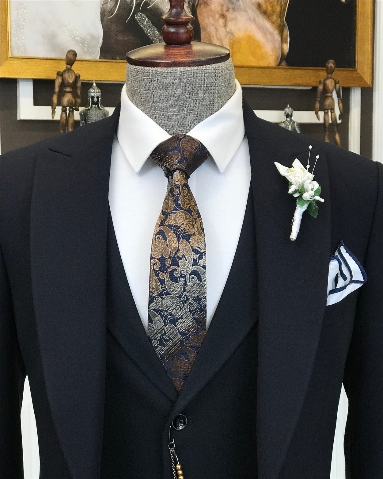 İtalyan stil slim fit erkek ceket yelek pantolon takım elbise lacivert T6646