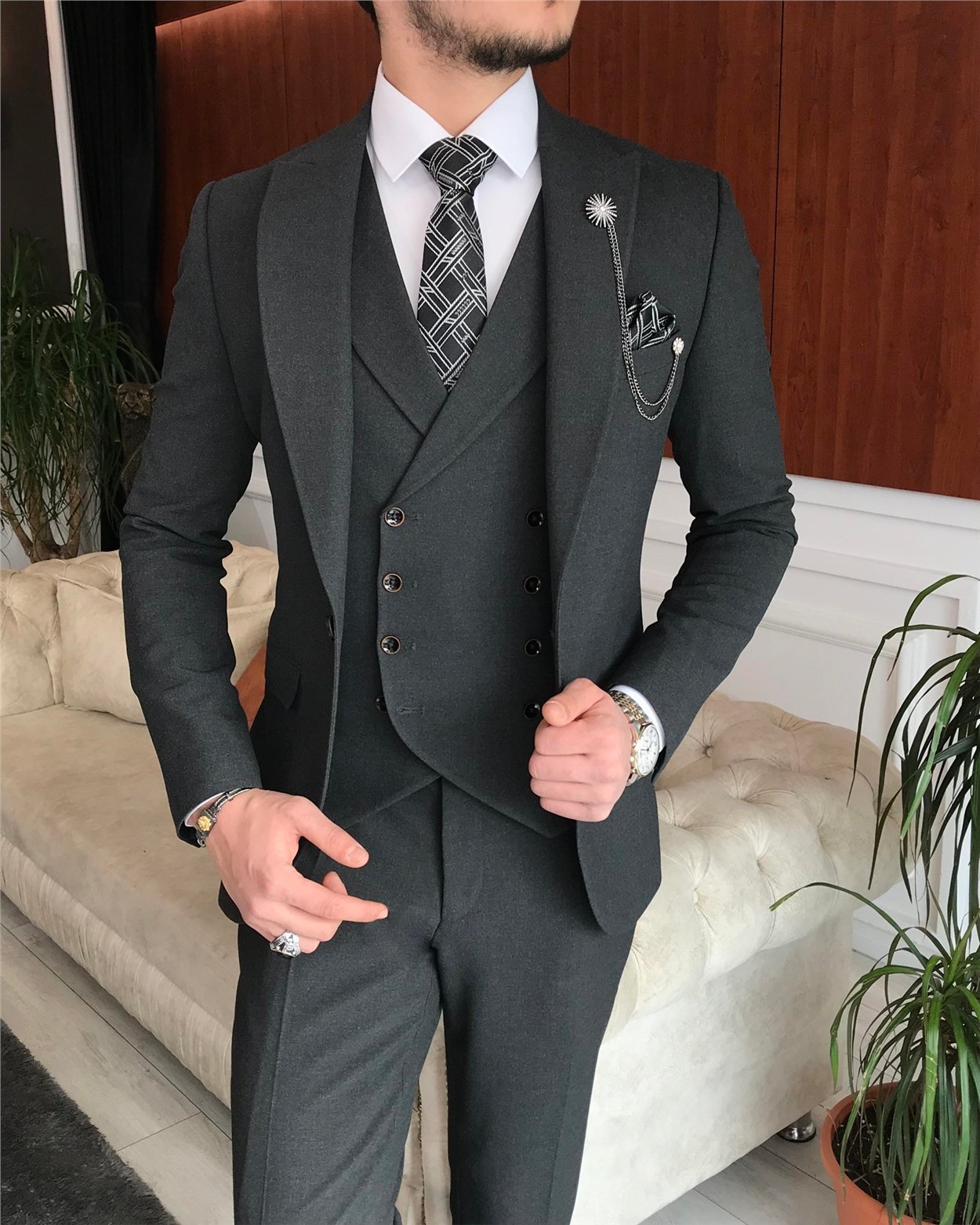 İtalyan stil slim fit erkek ceket yelek pantolon takım elbise antrasit T6645