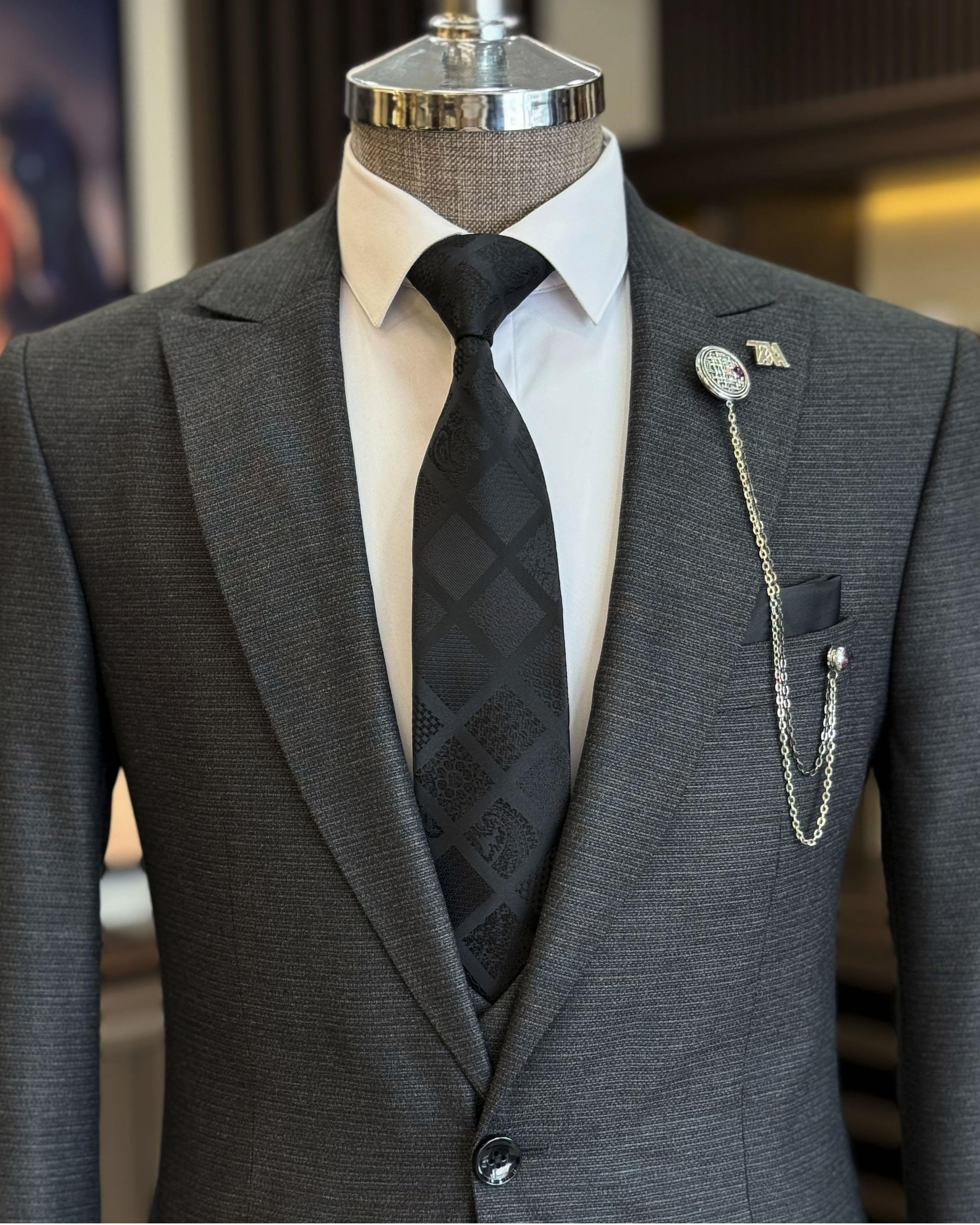 İtalyan stil slim fit erkek ceket yelek pantolon takım elbise siyah T11028