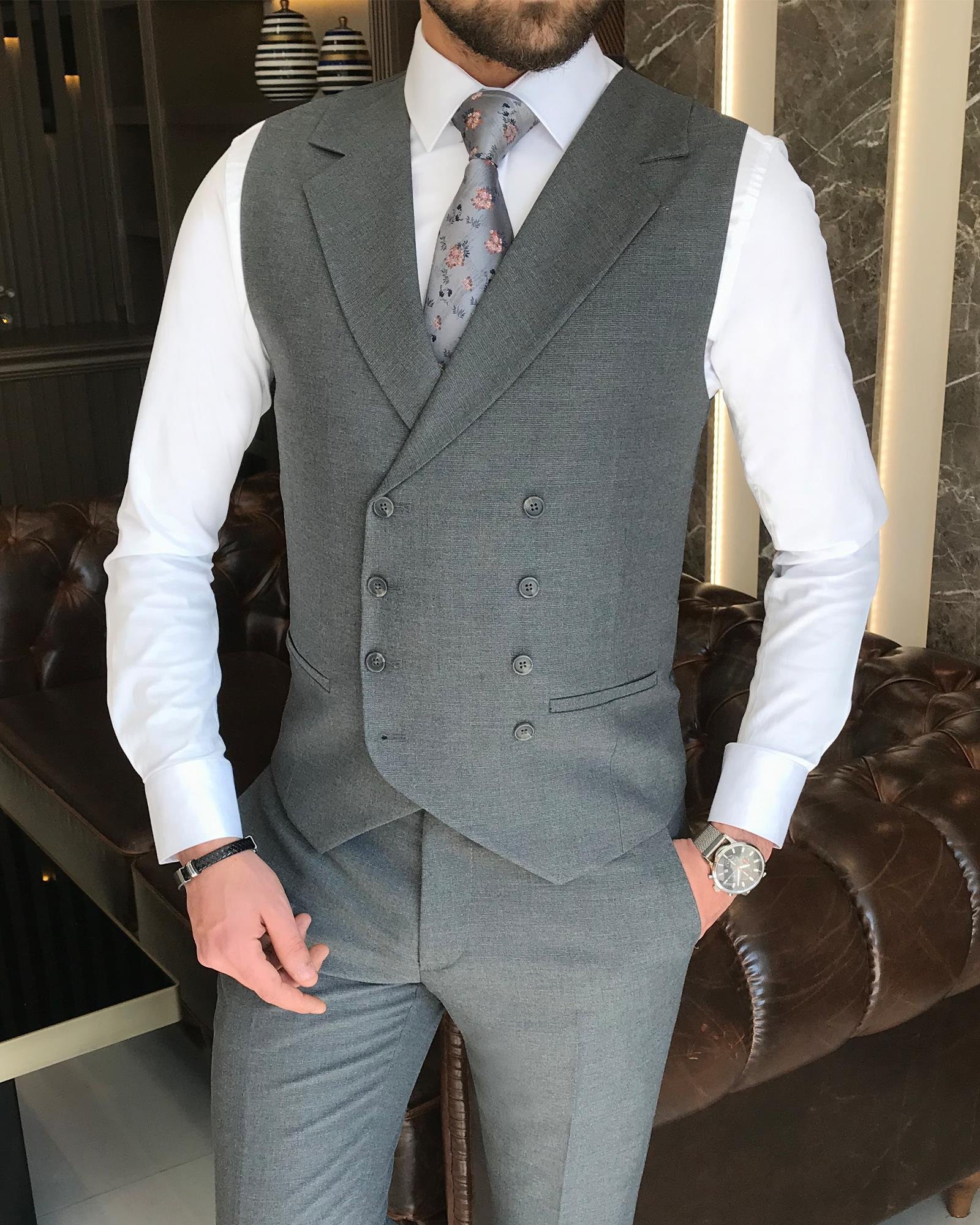 Italian style slim fit men's jacket vest pant suit anthracite T9116