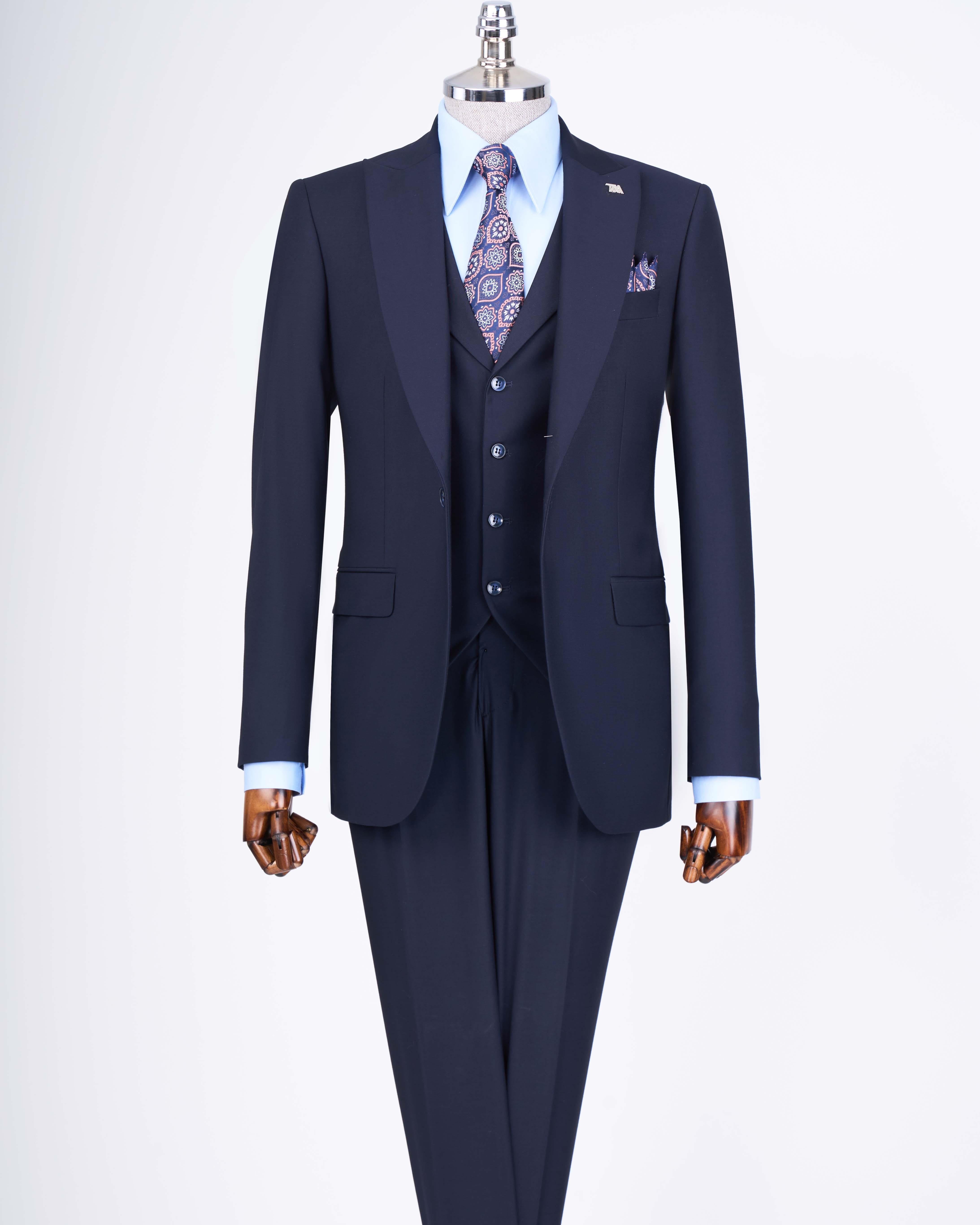 Italian style slim fit men's jacket vest pants suit navy blue T9023