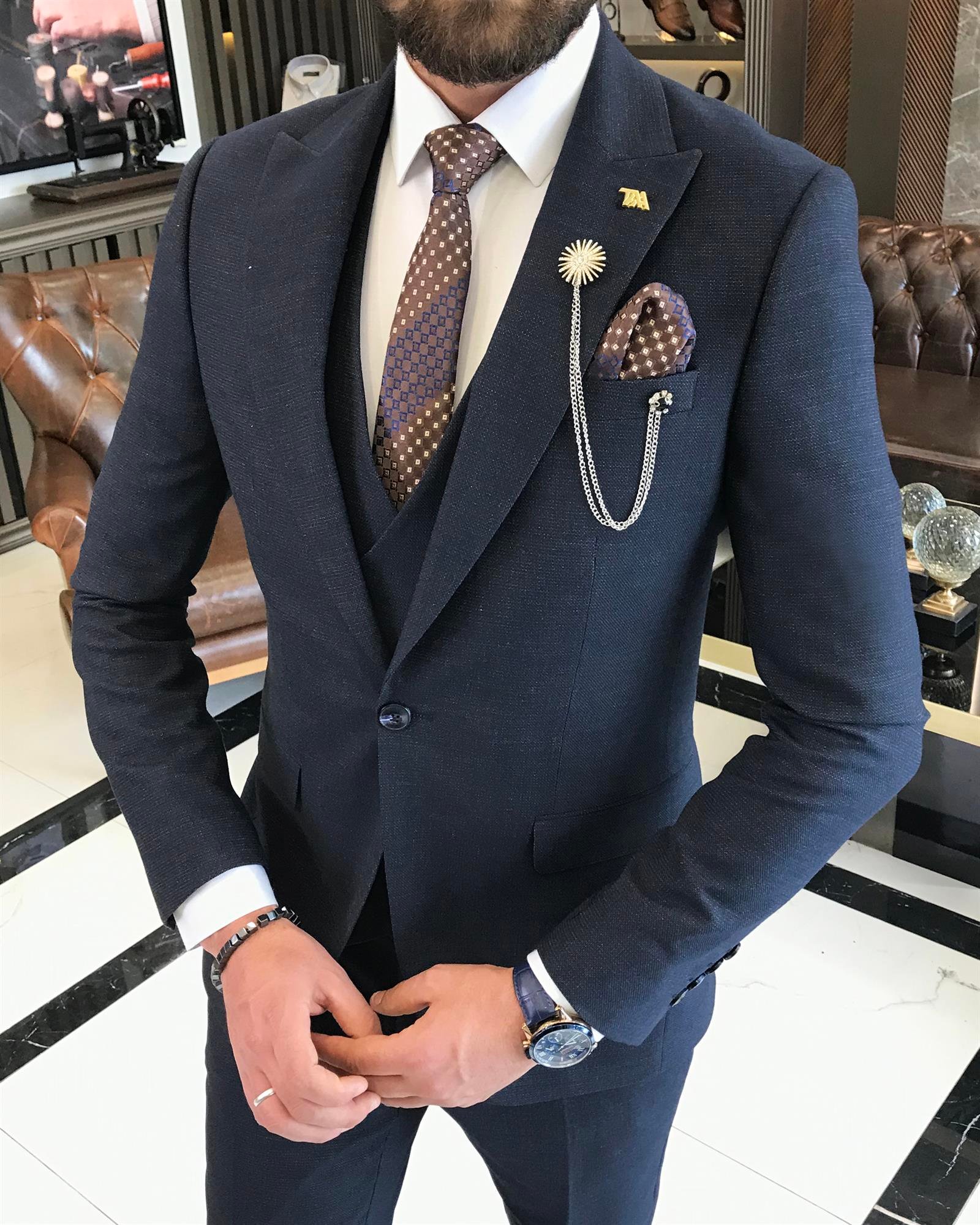 İtalyan stil slim fit erkek ceket yelek pantolon takım elbise lacivert T9525