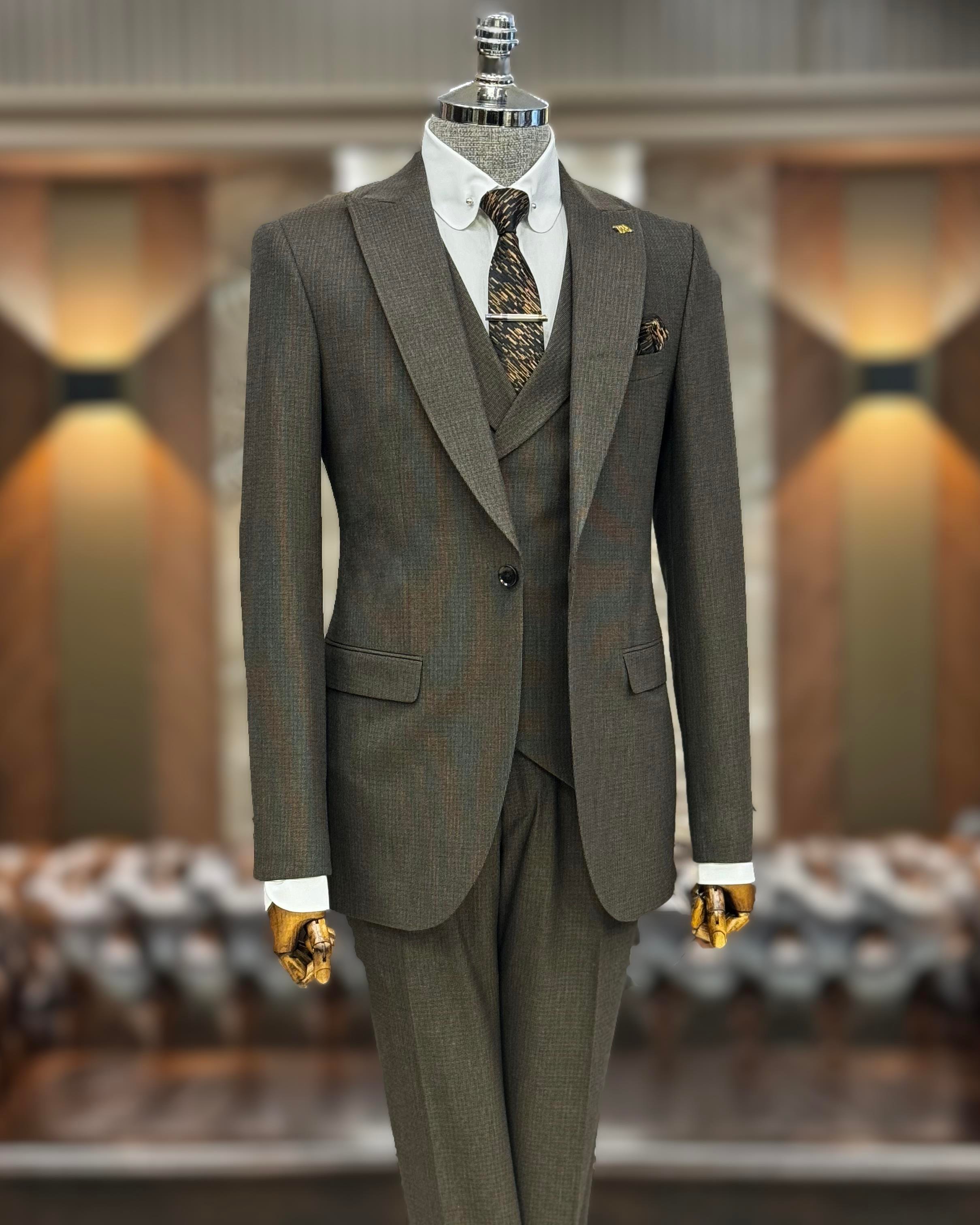 Italian style slim fit men's jacket vest pant suit Brown T10786