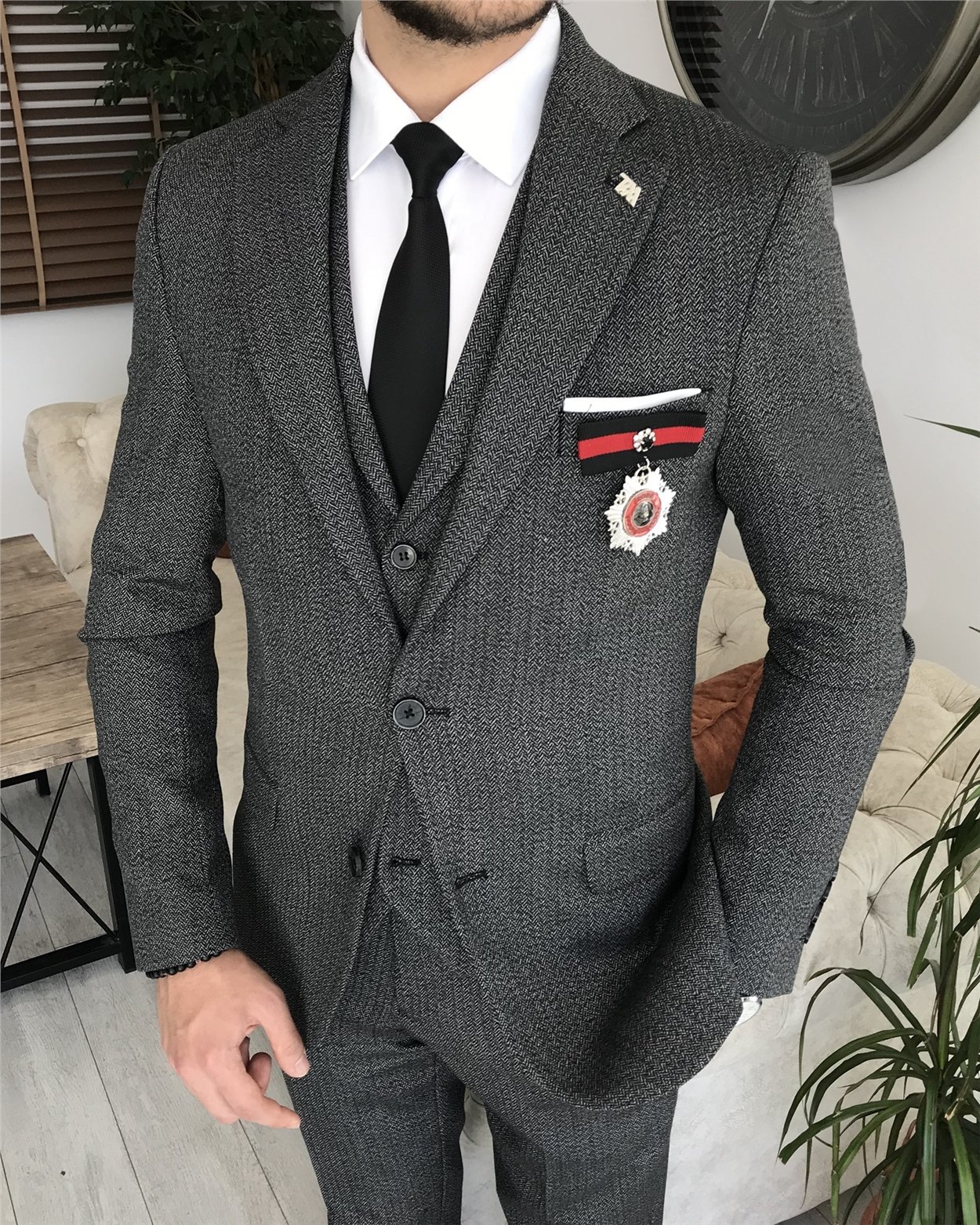 İtalyan stil slim fit erkek ceket yelek pantolon takım elbise Antrasit T8217