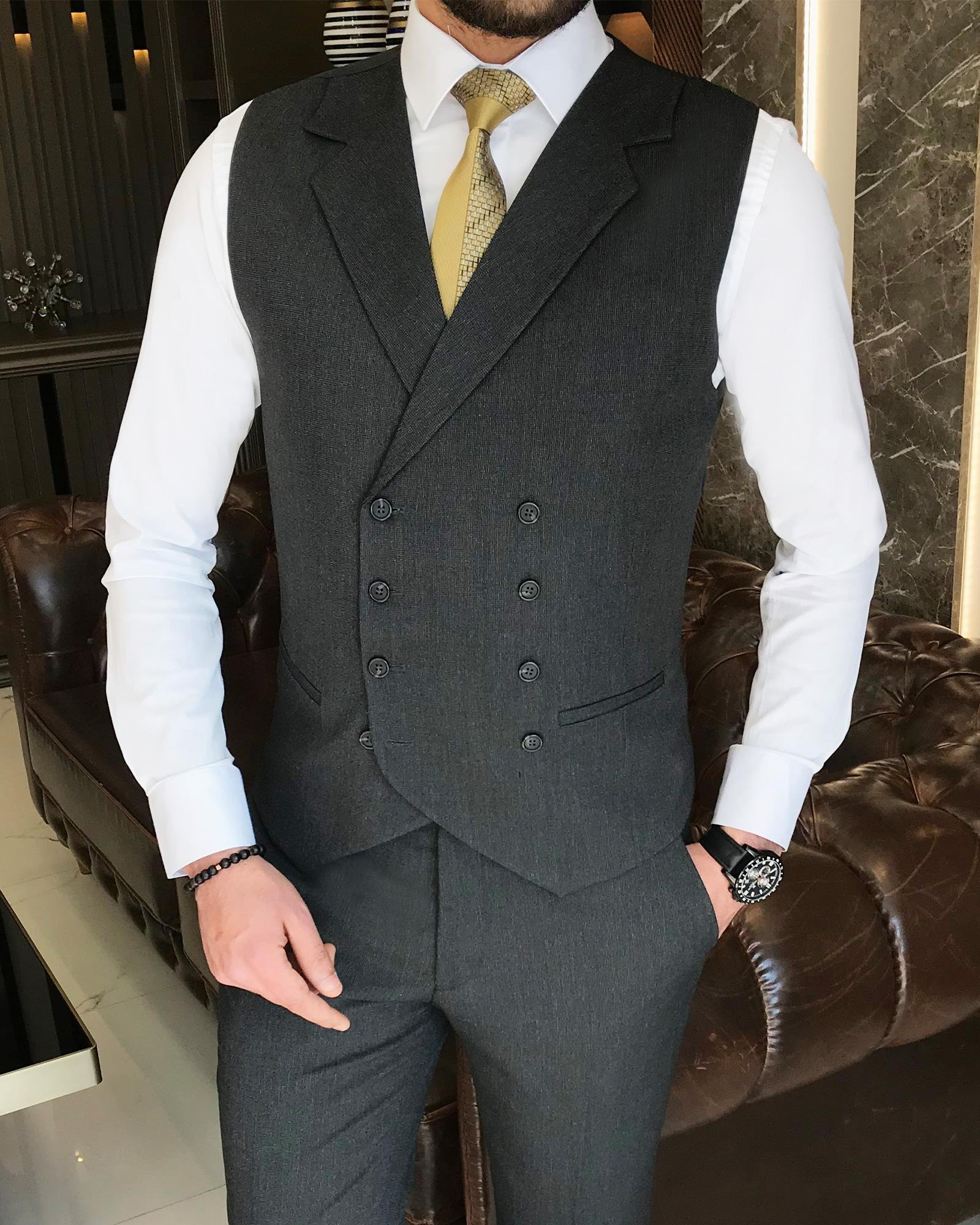 Italian style slim fit men's jacket vest pant suit anthracite T9130