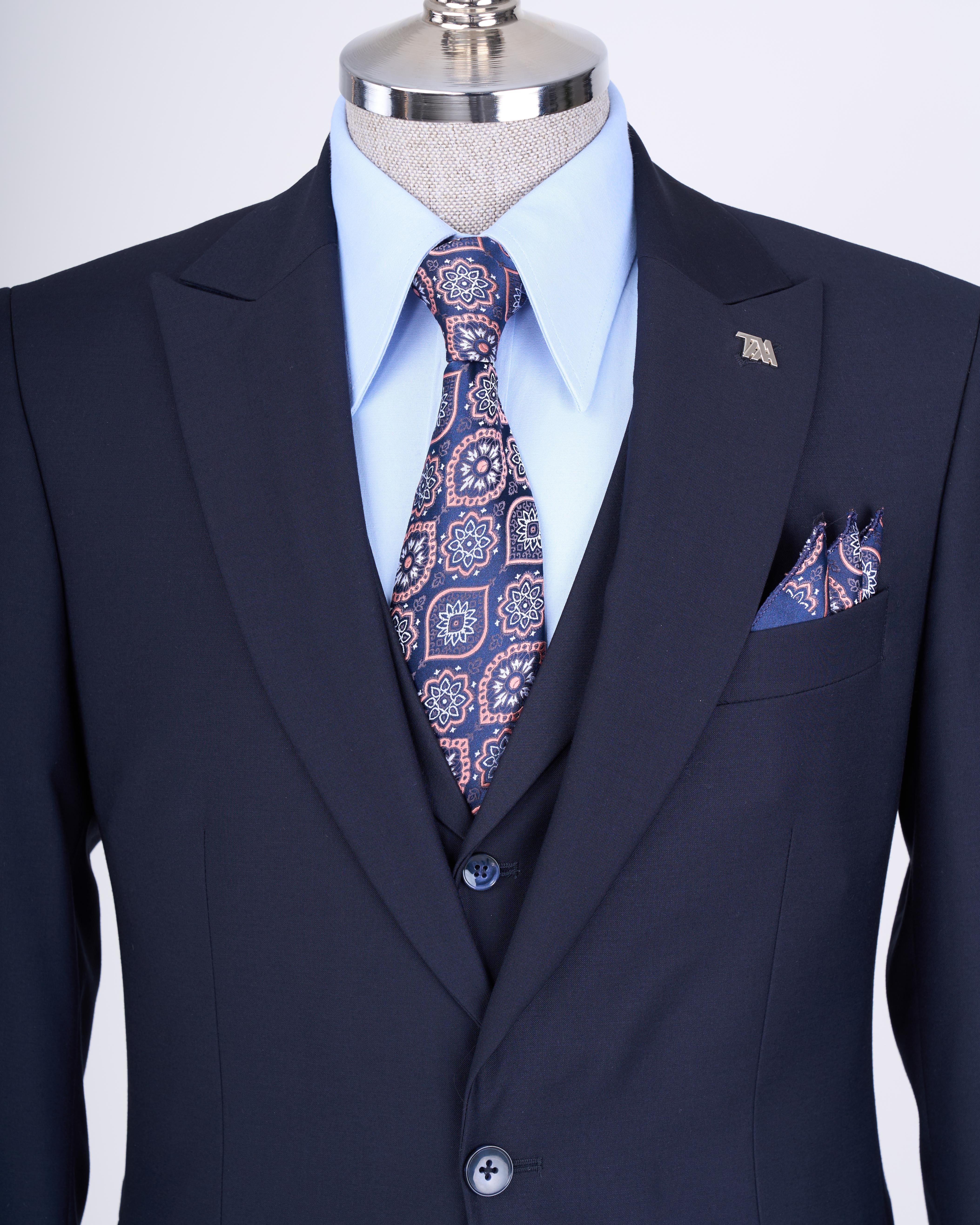 Italian style slim fit men's jacket vest pants suit navy blue T9023