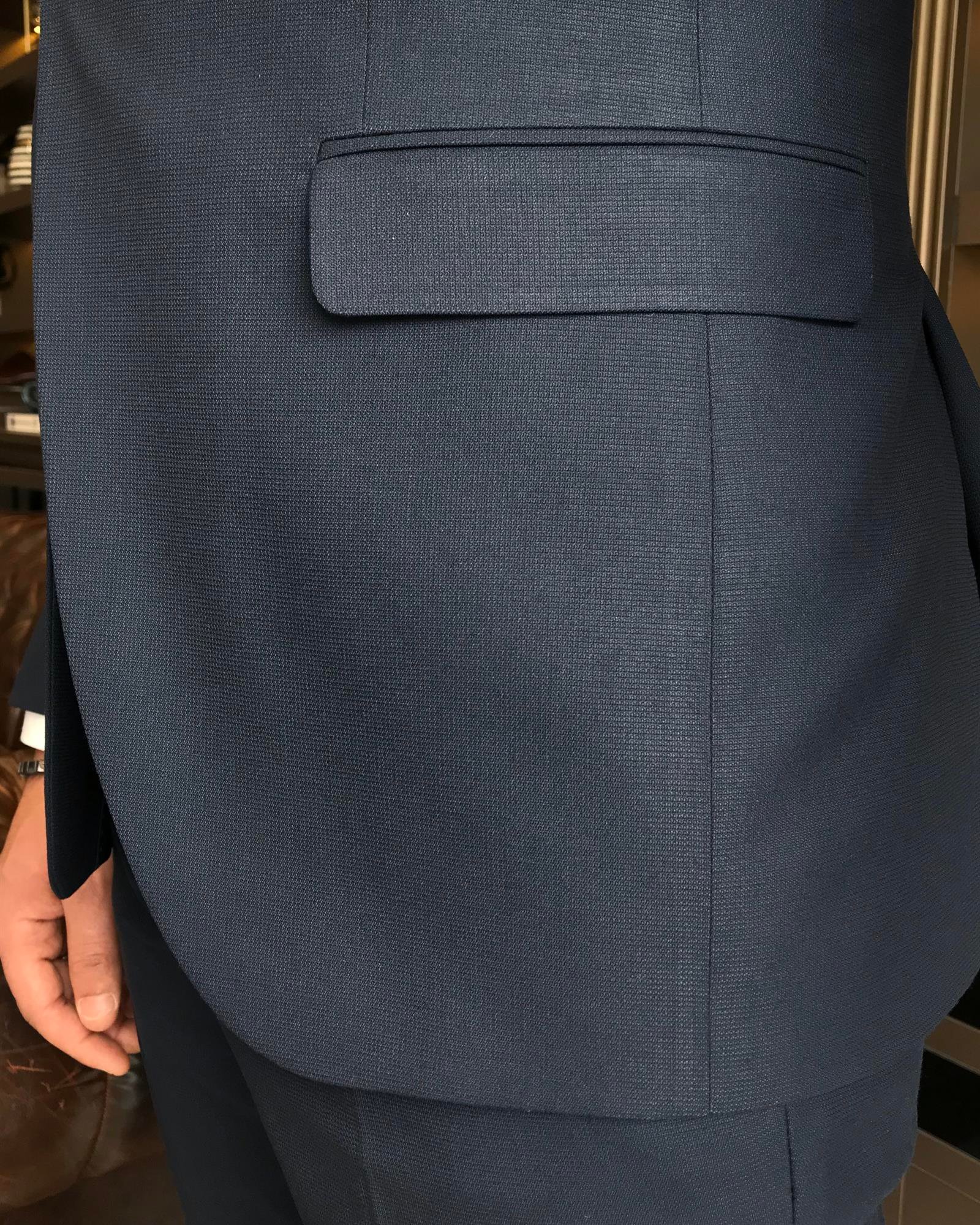 Italian style slim fit men's jacket vest pant suit navy blue T9526
