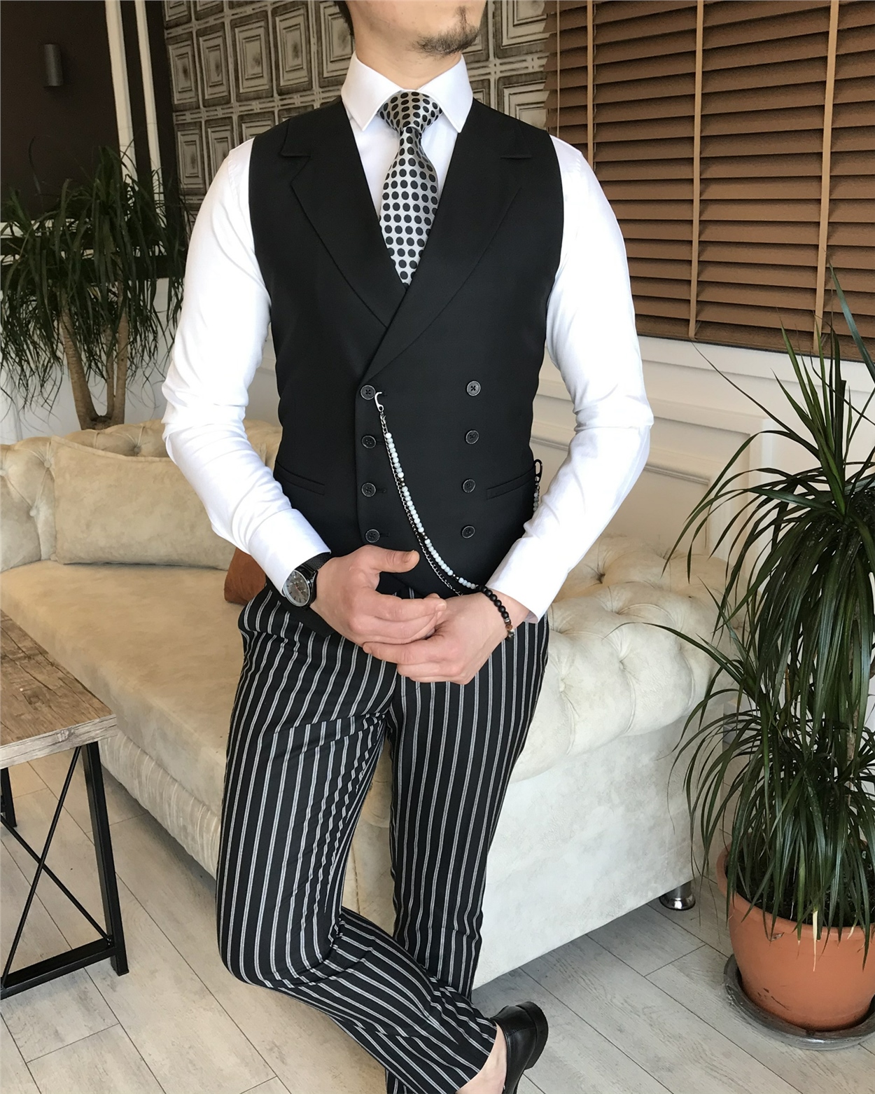 İtalyan stil slim fit erkek ceket yelek pantolon takım elbise siyah T5938