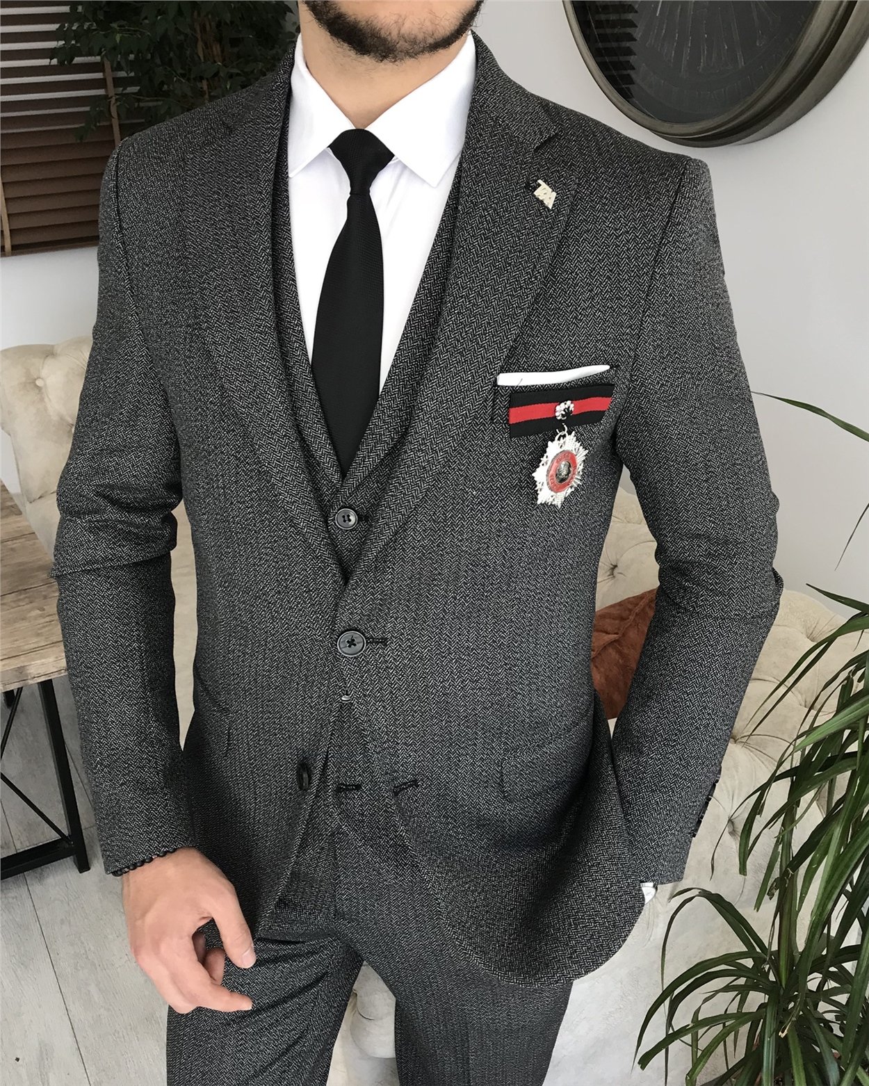 İtalyan stil slim fit erkek ceket yelek pantolon takım elbise Antrasit T8217