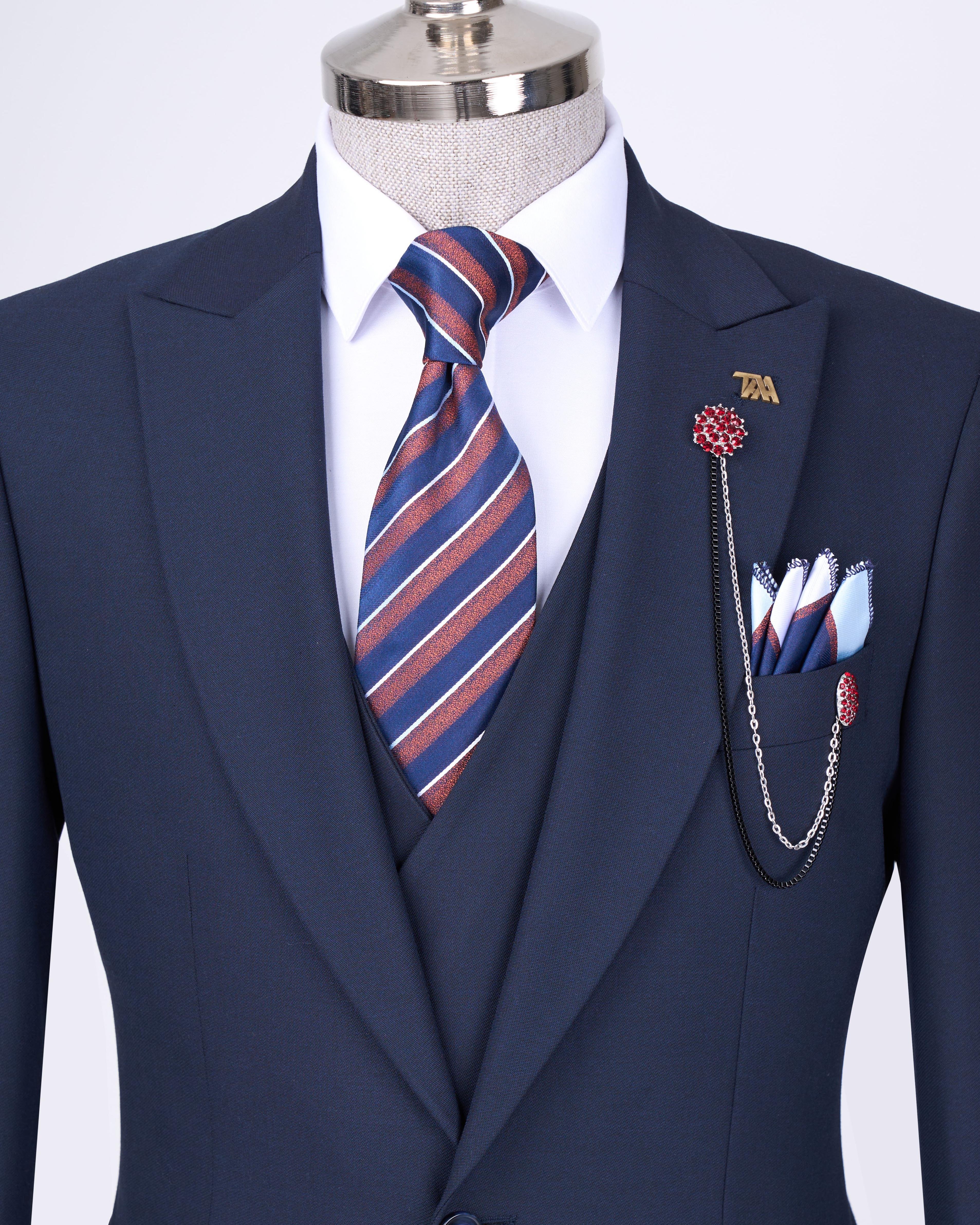 Italian style slim fit men's jacket vest pants suit navy blue T12994