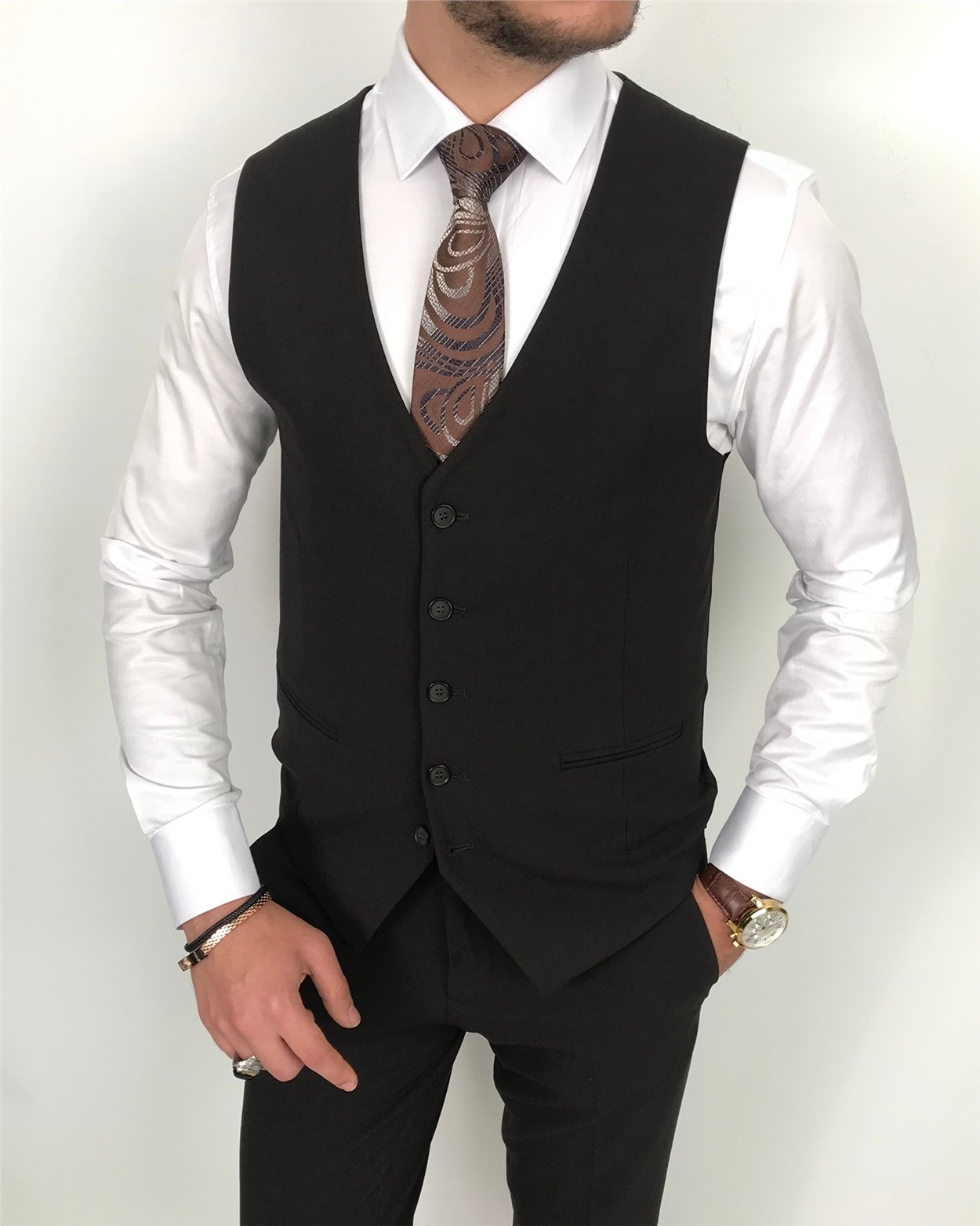 İtalyan stil slim fit erkek ceket yelek pantolon takım elbise Kahverengi T8073