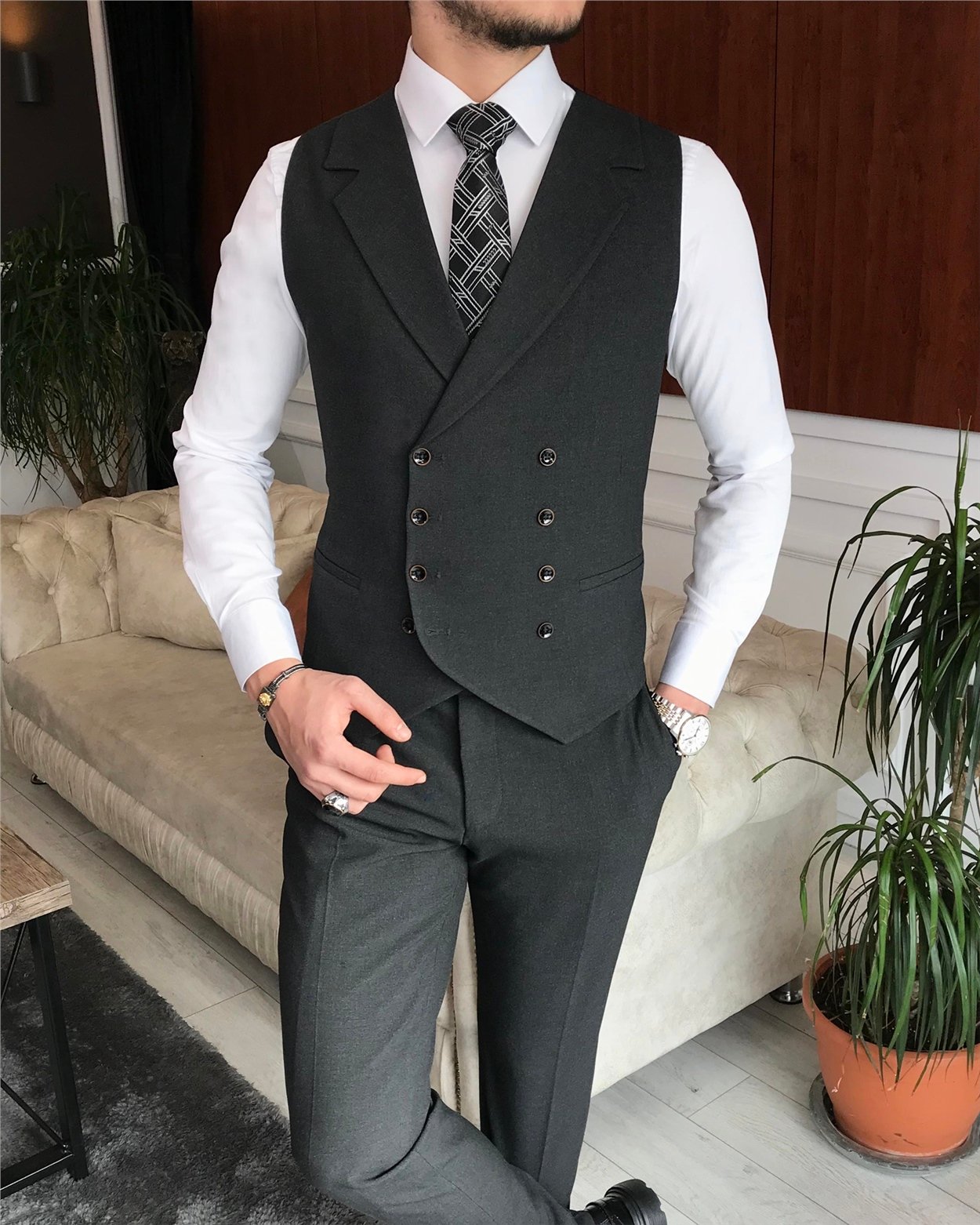 İtalyan stil slim fit erkek ceket yelek pantolon takım elbise antrasit T6645