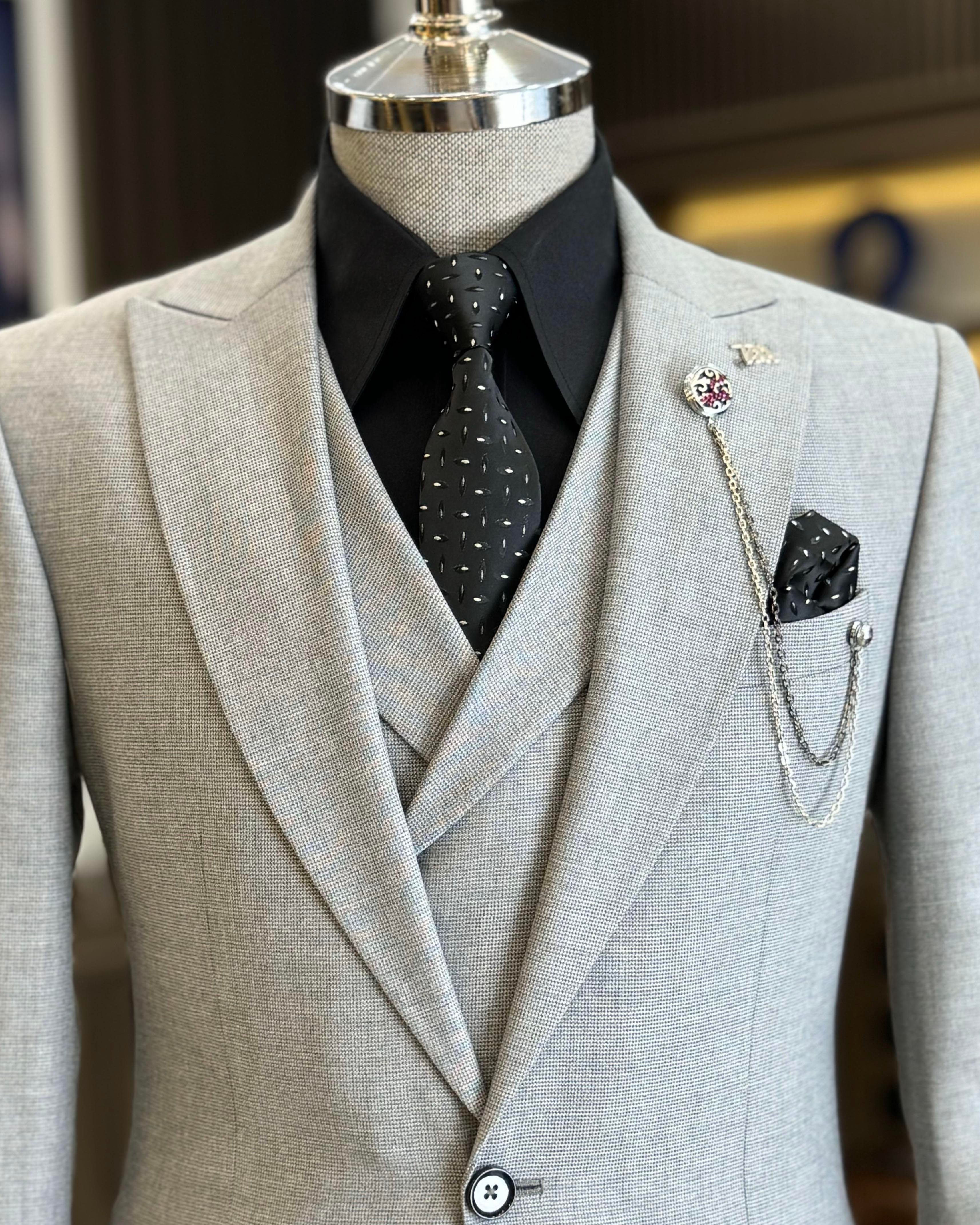 İtalyan stil slim fit erkek ceket yelek pantolon takım elbise gri T9115