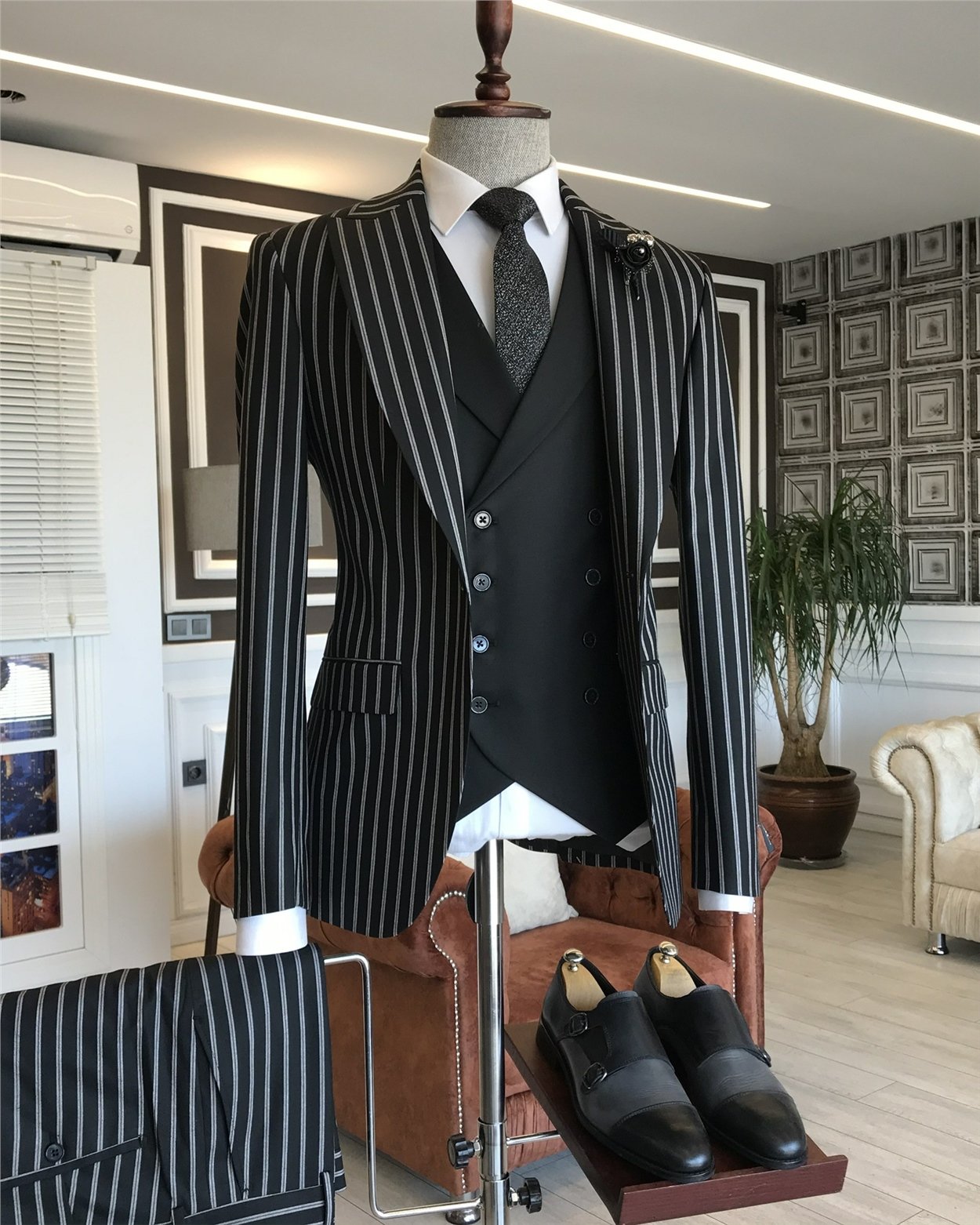 İtalyan stil slim fit erkek ceket yelek pantolon takım elbise siyah T5938