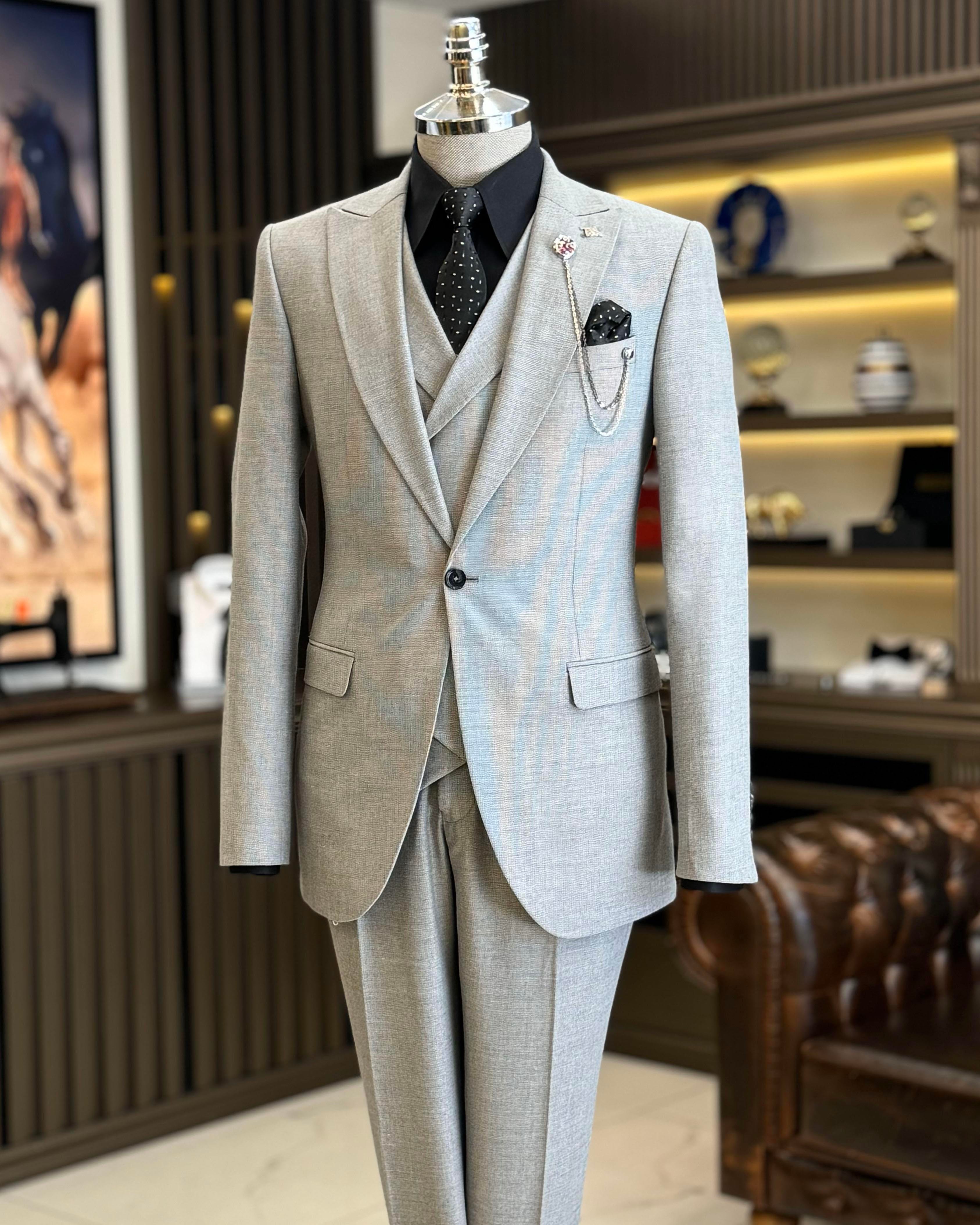 İtalyan stil slim fit erkek ceket yelek pantolon takım elbise gri T9115