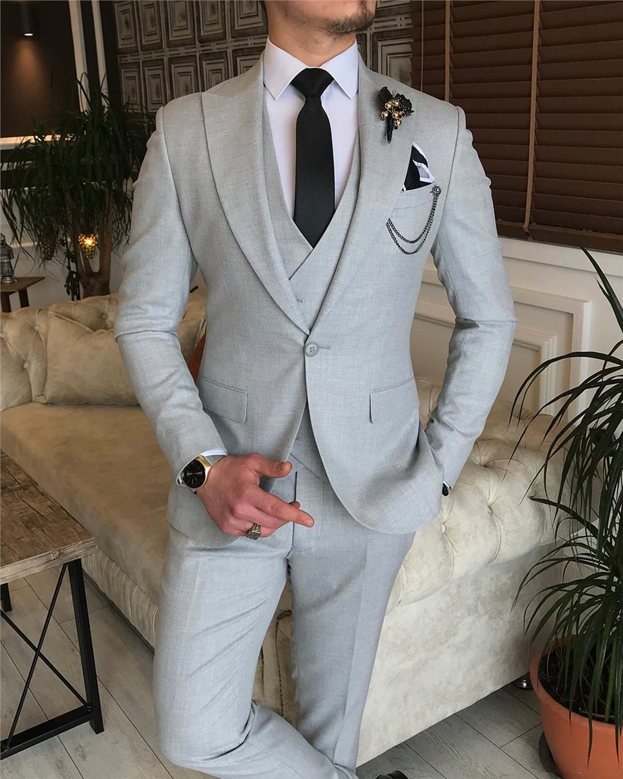 İtalyan stil slim fit erkek ceket yelek pantolon takım elbise Gri T5898