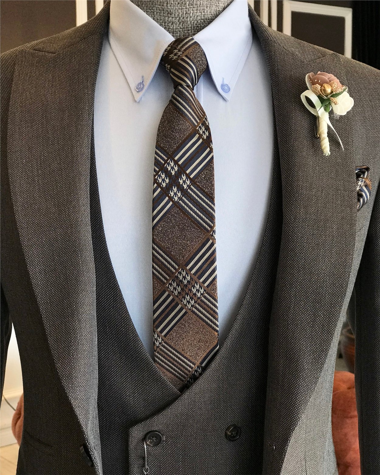 İtalyan stil slim fit erkek ceket yelek pantolon takım elbise Kahverengi T6160