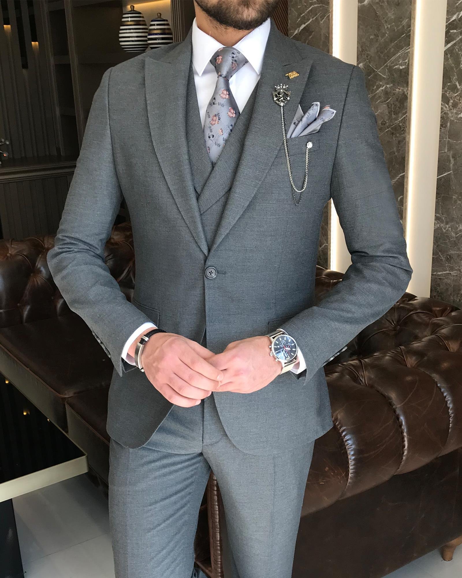Italian style slim fit men's jacket vest pant suit anthracite T9116