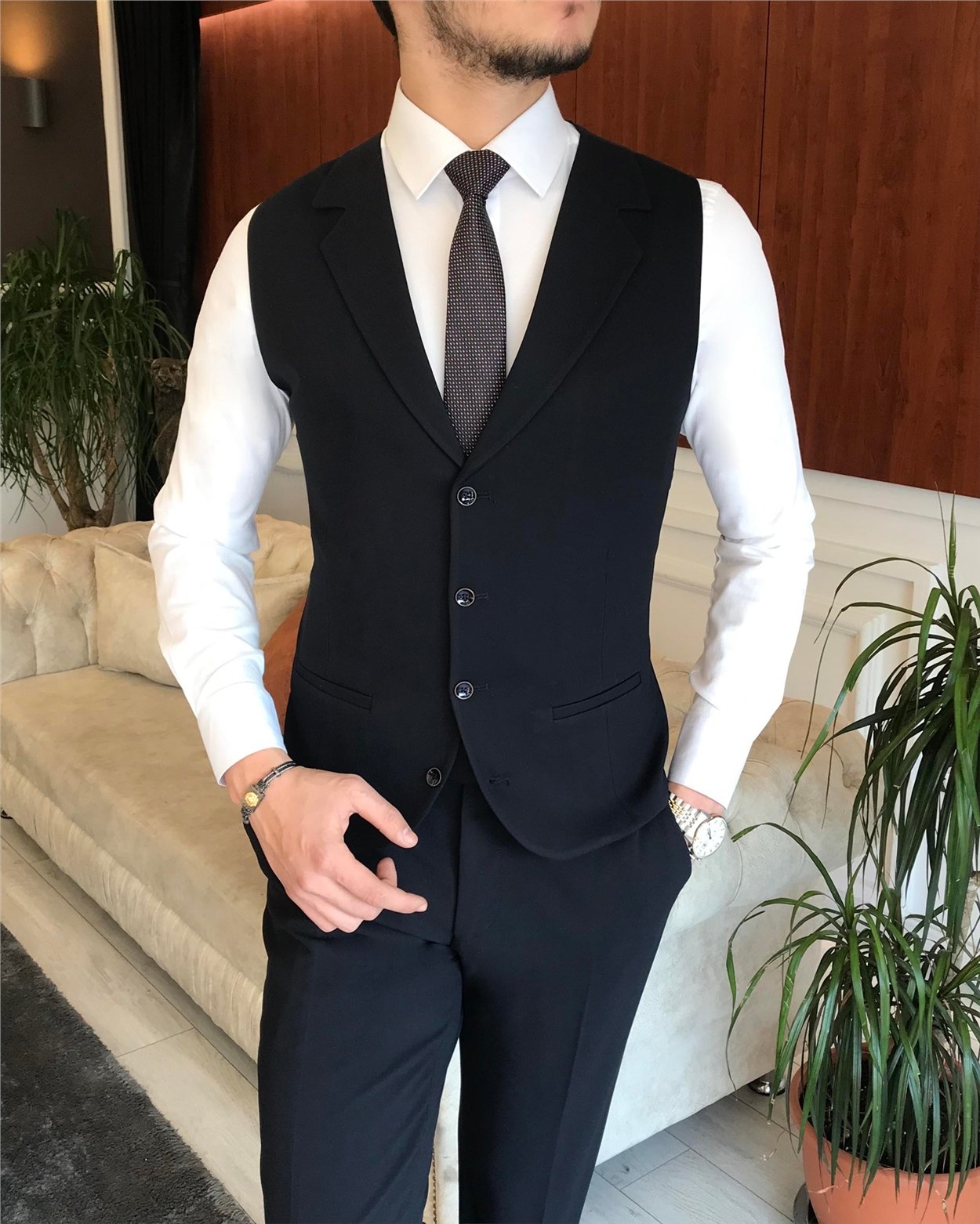 İtalyan stil slim fit erkek ceket yelek pantolon takım elbise lacivert T6646