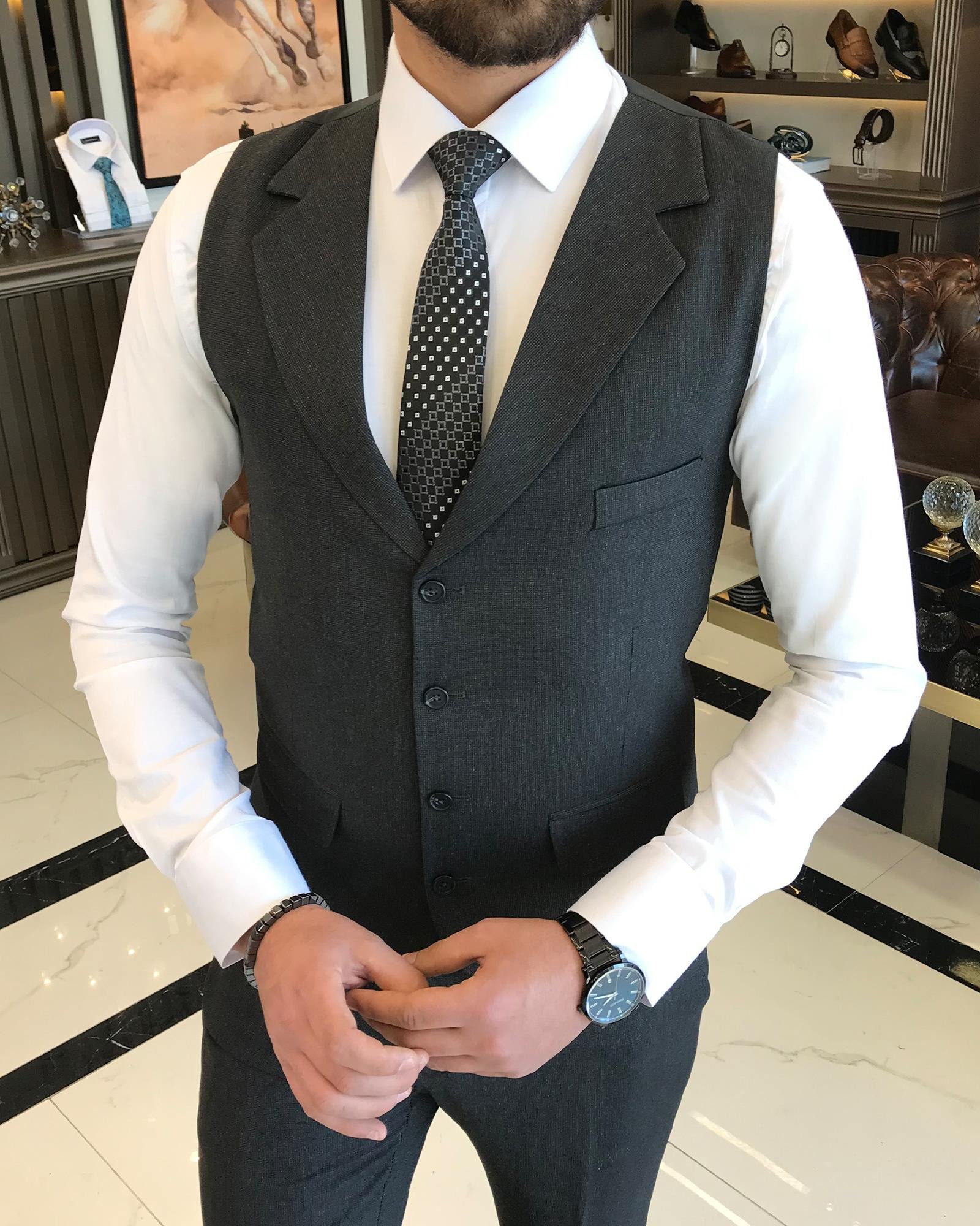 Italian Style Slim Fit Men's Jacket Vest Trousers Suit Anthracit T9038