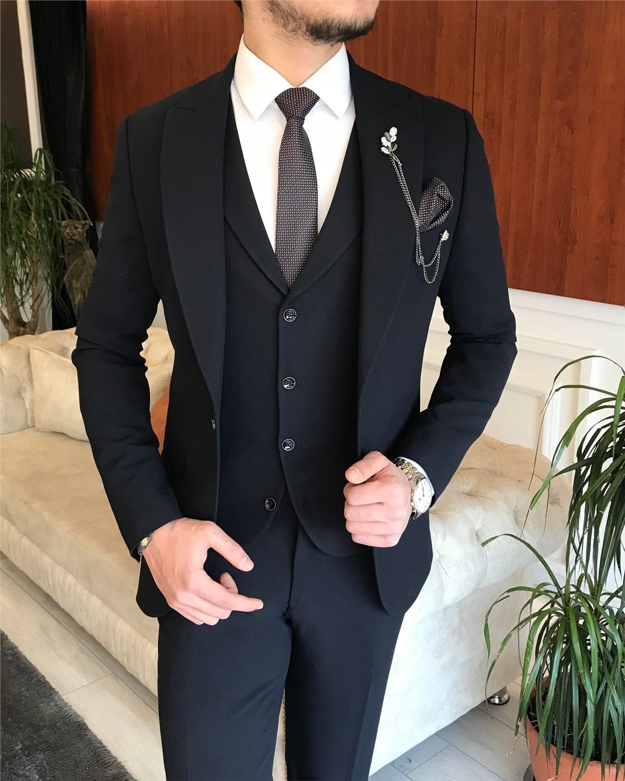 İtalyan stil slim fit erkek ceket yelek pantolon takım elbise lacivert T6646