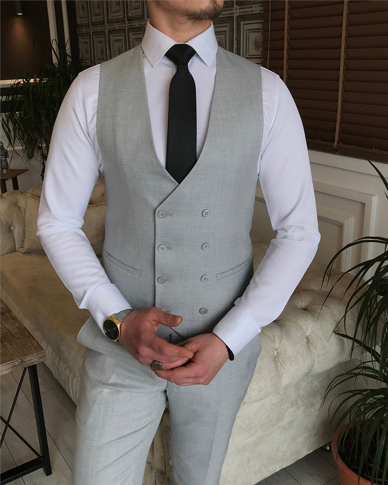 İtalyan stil slim fit erkek ceket yelek pantolon takım elbise Gri T5898